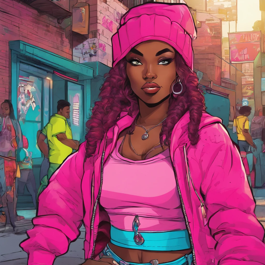 In the heart of a vibrant and colorful metropolis, a captivating concept cartoon comes to life. A young blonde girl with long dreadlocks, cascading down her back like a living rainbow, steals the spotlight. Dressed in a bold and vivid 90s hip-hop inspired outfit, she dons a bright pink tank top and a metallic grey vest. Baggy jeans cling to her figure, adorned with a silver chain that hangs from her belt loop to her back pocket.
Her dreadlocks, an extension of her energetic and vivacious spirit, are adorned with a dazzling array of colorful beads and accessories.