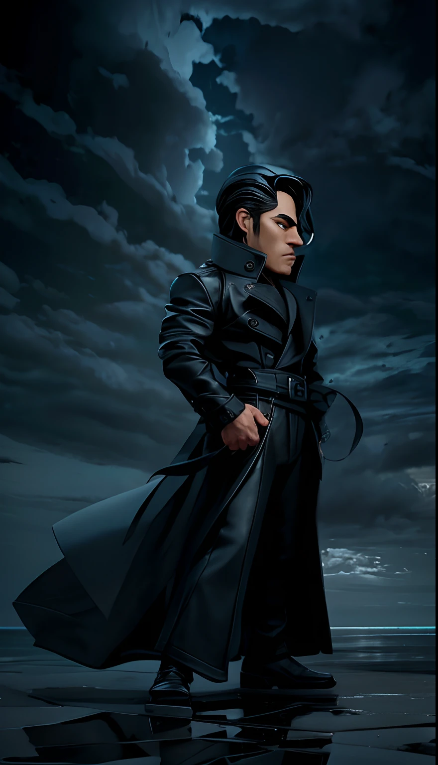 Full body shot, comic male character, long slicked back flowing hair, muscular, wearing full black blazer and flowing leather trench coat, standing side view with ((hand behind pose)), black cloud sky, sc3D 12K resolution of style character in detailed full body, ocean, storm, dark cloud background, highly detailed, vibrant, ultra high quality, Hyperrealism, Photorealism