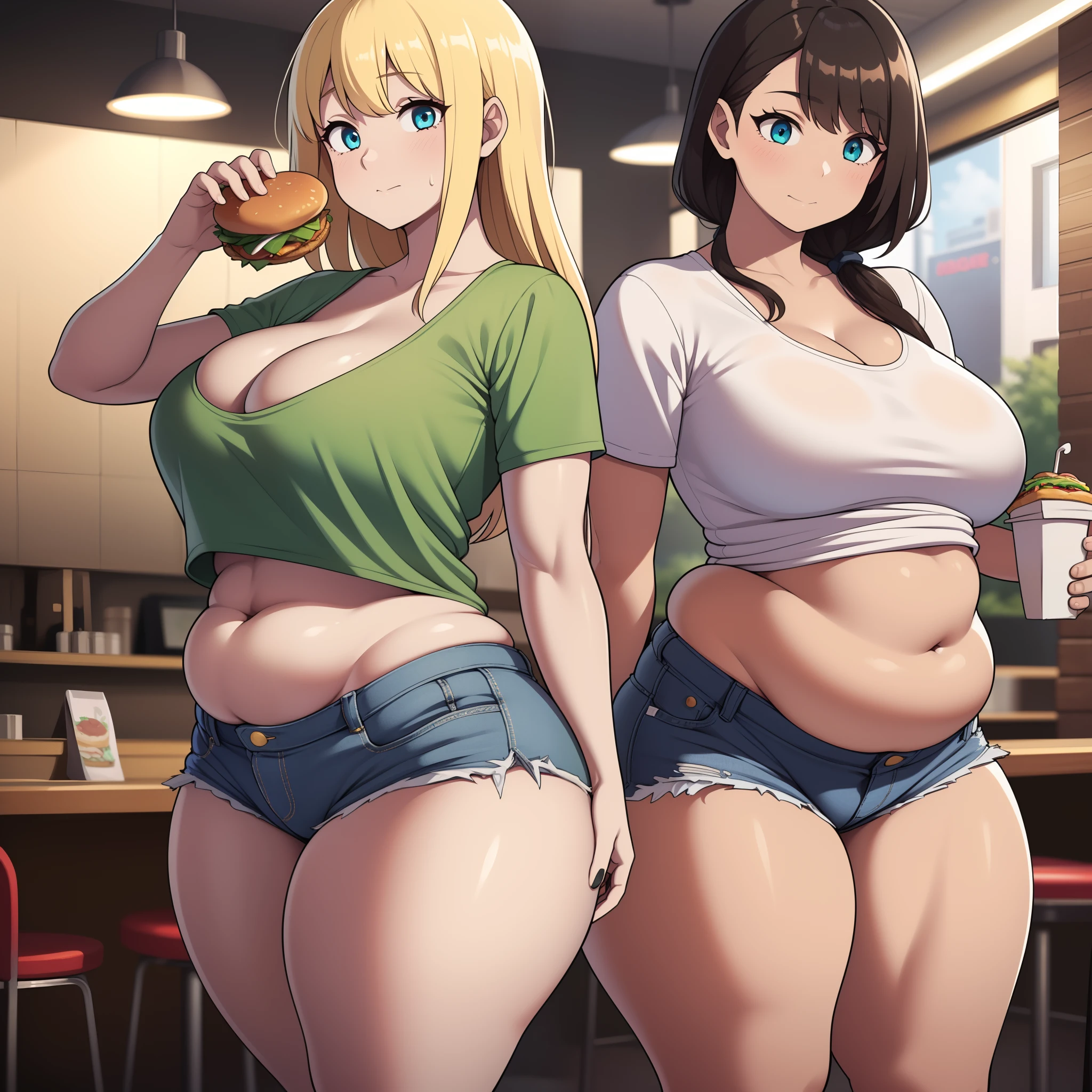 ((highres)), Masterpiece, high quality, best quality, beautiful, perfect lighting, detailed face, ultra cute face, ((2girls)), one girl has blonde hair, blue eyes, crop top and shorts skindentation, one girl has brown hair, green eyes, jeans, white shirt, tight clothes, full body, fast food restaurant, medium breasts, perky breasts, cleavage, ((wide hips)), ((thick thighs)), ((ass)), ((chubby)), pudgy belly, fat folds, standing, from side,