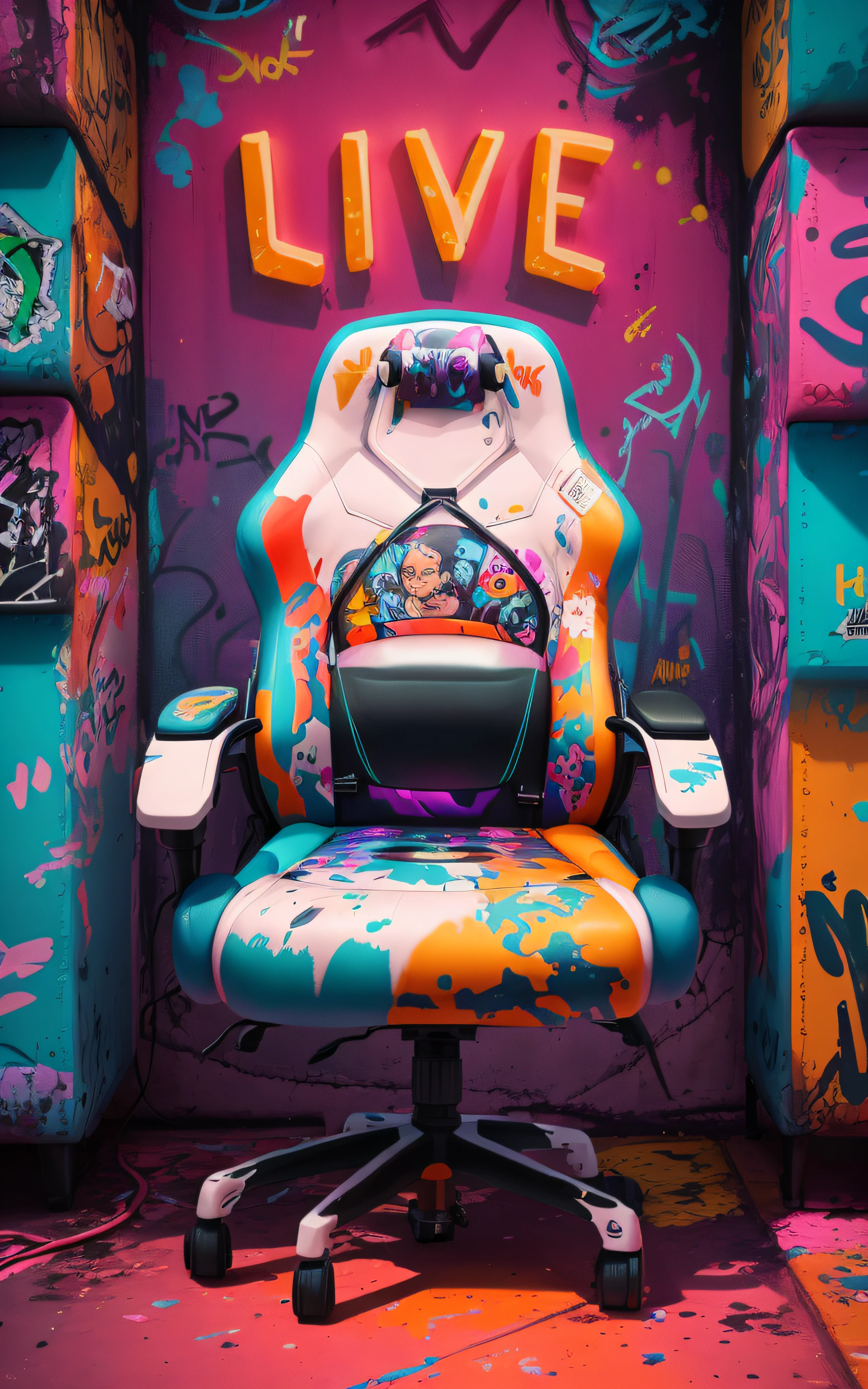Colorful office chair with graffiti on the wall and a live sign, Hand Painted Style, cadeira gamer, epic art style, game chair like a toilet, Pintura por Android Jones, estilo de arte impressionante, vibrant fan art, 8k arte detalhada de alta qualidade, colorido hiperdetalhado, pintura estilizada, Jen Bartel, Obra-prima Beeple, Estilo de Arte Fortnite, hiper colorido