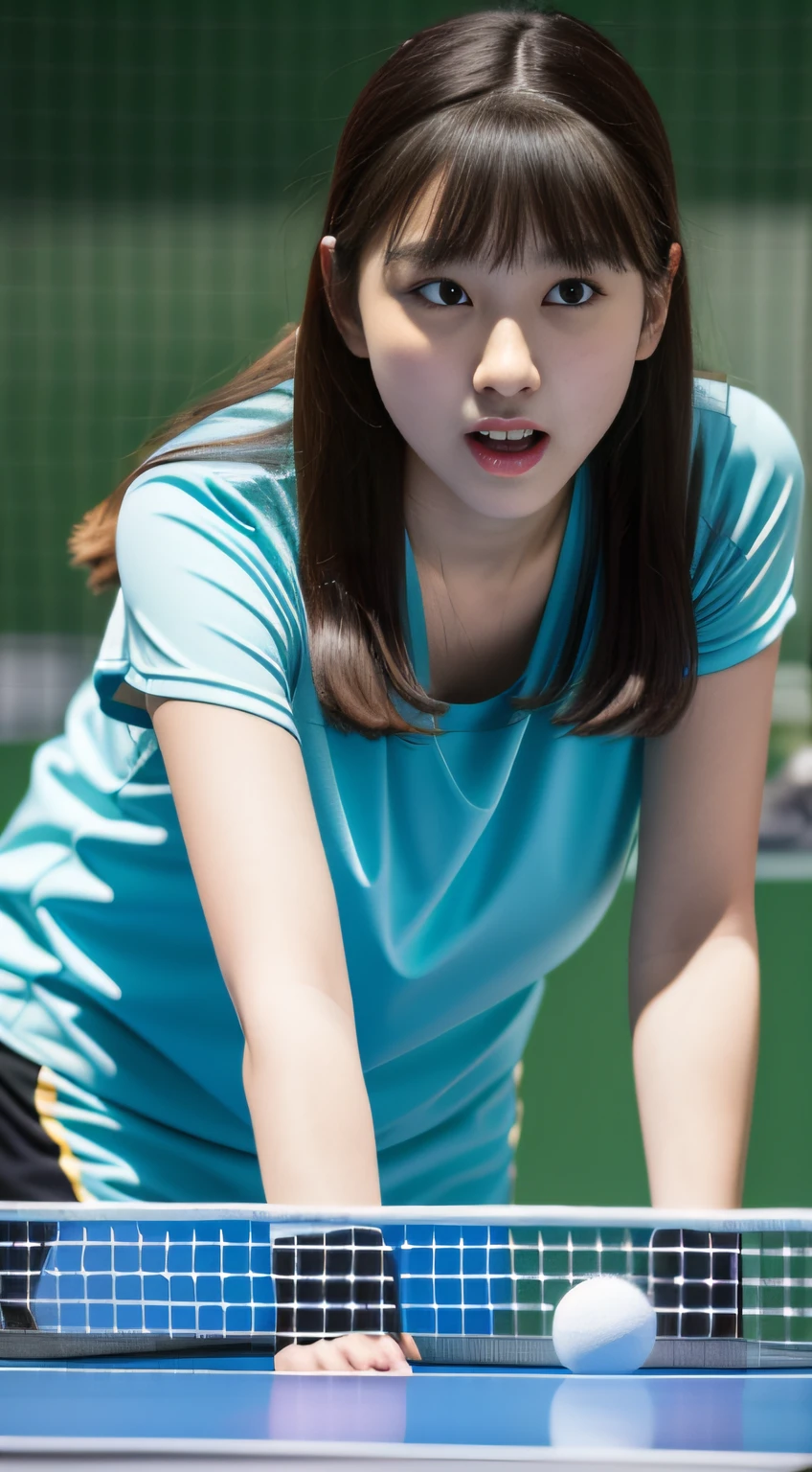 ((table tennis))、racket、Ping Pong Balls、(masterpiece、top-quality) 、kawaii、(Colossal tits:1.2)、((20 year old woman:1.2))、Young adorable Japan face, ,Soft portrait shots,in 8K,、Young cute gravure idol