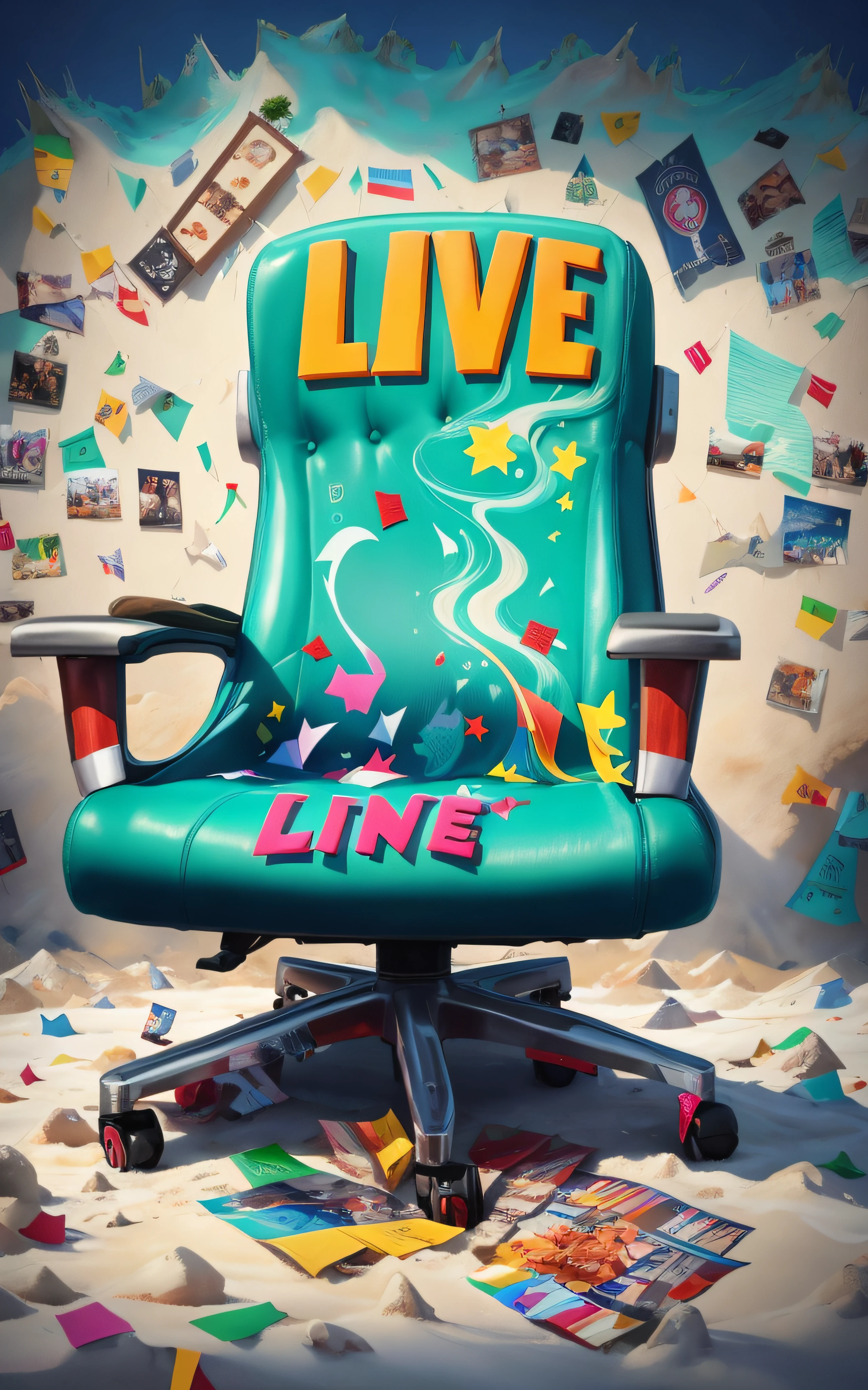 uma pintura de uma cadeira com um monte de itens ao redor, viver, Videoclipe do Festival 3HR ao vivo, livestream, concerto ao vivo, Imagens ao vivo, Live2D, official poster artwork, live performance, Cartaz promocional, cartaz oficial, cores vivas, 2 0 1 5 videoclipe ao vivo, cartaz promocional, Live - Action, live-action, arte oficial