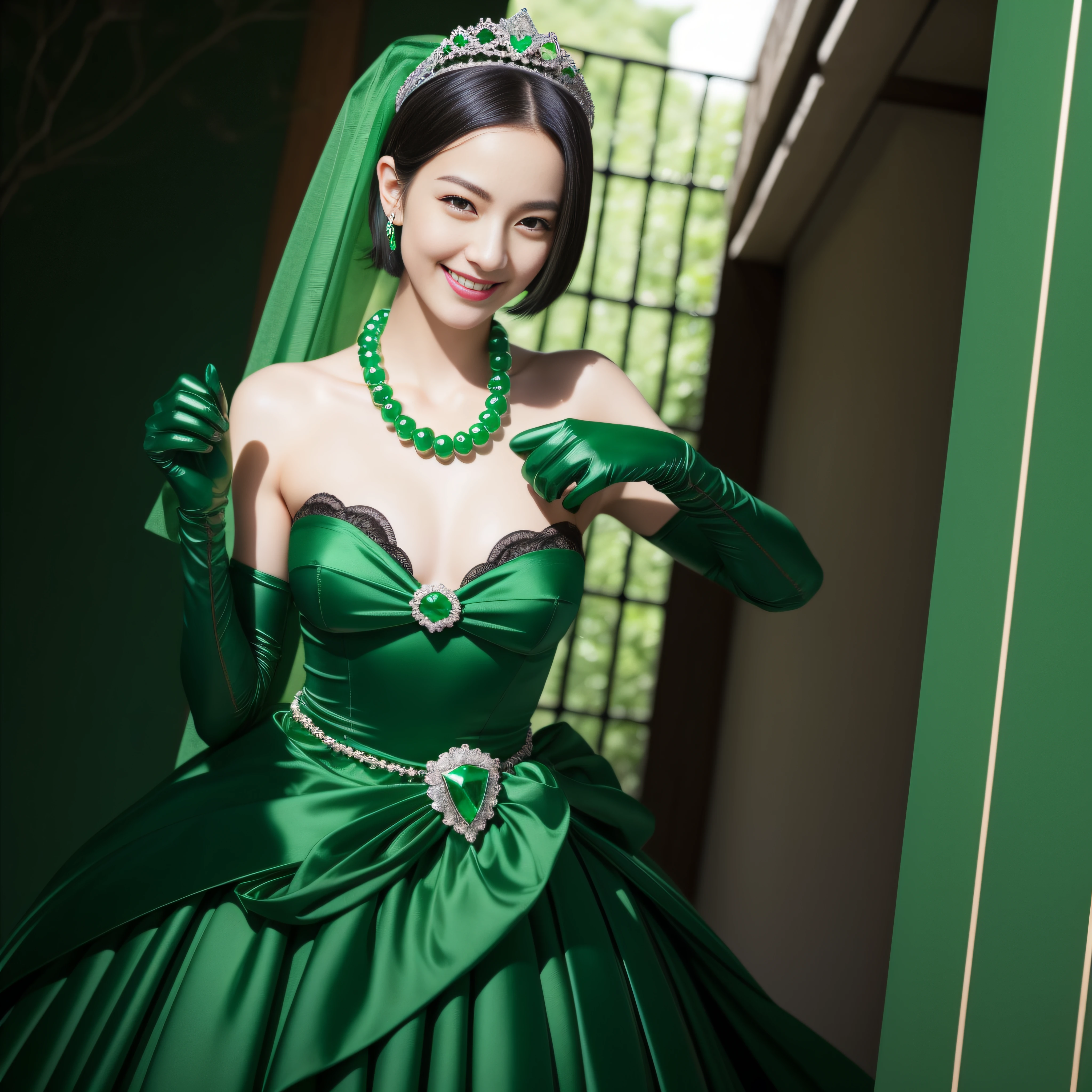 "(Best Quality,Realistic),Japan woman with beautiful smile,emerald tiara,Green Pearl Necklace,Boyish extremely short black hair,lip stick,Green eyes,Long Green Satin Gloves,short short hair, Green eyes