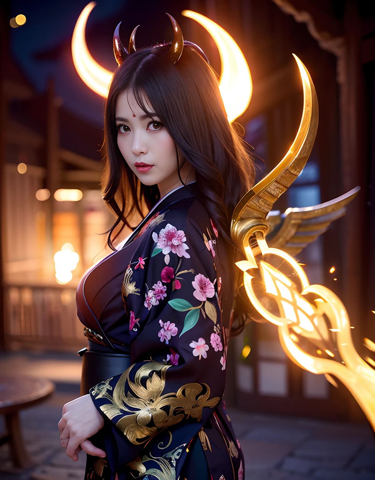 ((World of Darkness)),Professional , masterpiece、top-quality、photos realistic , depth of fields 、(Maiko's hairstyle)、(Maple background in full bloom),(Ultimate Beauty)、Red-haired、(Fight ninjas)、(Kimono with beautiful pattern)、(Night background)、((a dark night)),(Wear a beautiful kimono),(Wear a beautiful kimono with colorful floral patterns)、Jewel Gold Weapon、Particles of light),(Castle background)、Gorgeous gold weapons ,(( Gorgeous weapon Dragon Sword)) , (a dark night),,(maikurobikini) 、((Black Haired Beautiful Girl))、(Castle background)、(demonic wings)、((Gangle's forest background))、Beautiful Caucasian beauty、1a person、dynamic ungle,(((Two devil's horns on the head)))、Smaller head、Idle Smile、Thin and beautiful female hands、Mystical expression、Light Effects、intense fighting、Wind-effect、magic circles、With the legendary magic wand、Dragon's tail、Anatomically correct body、Anatomically correct fingers、