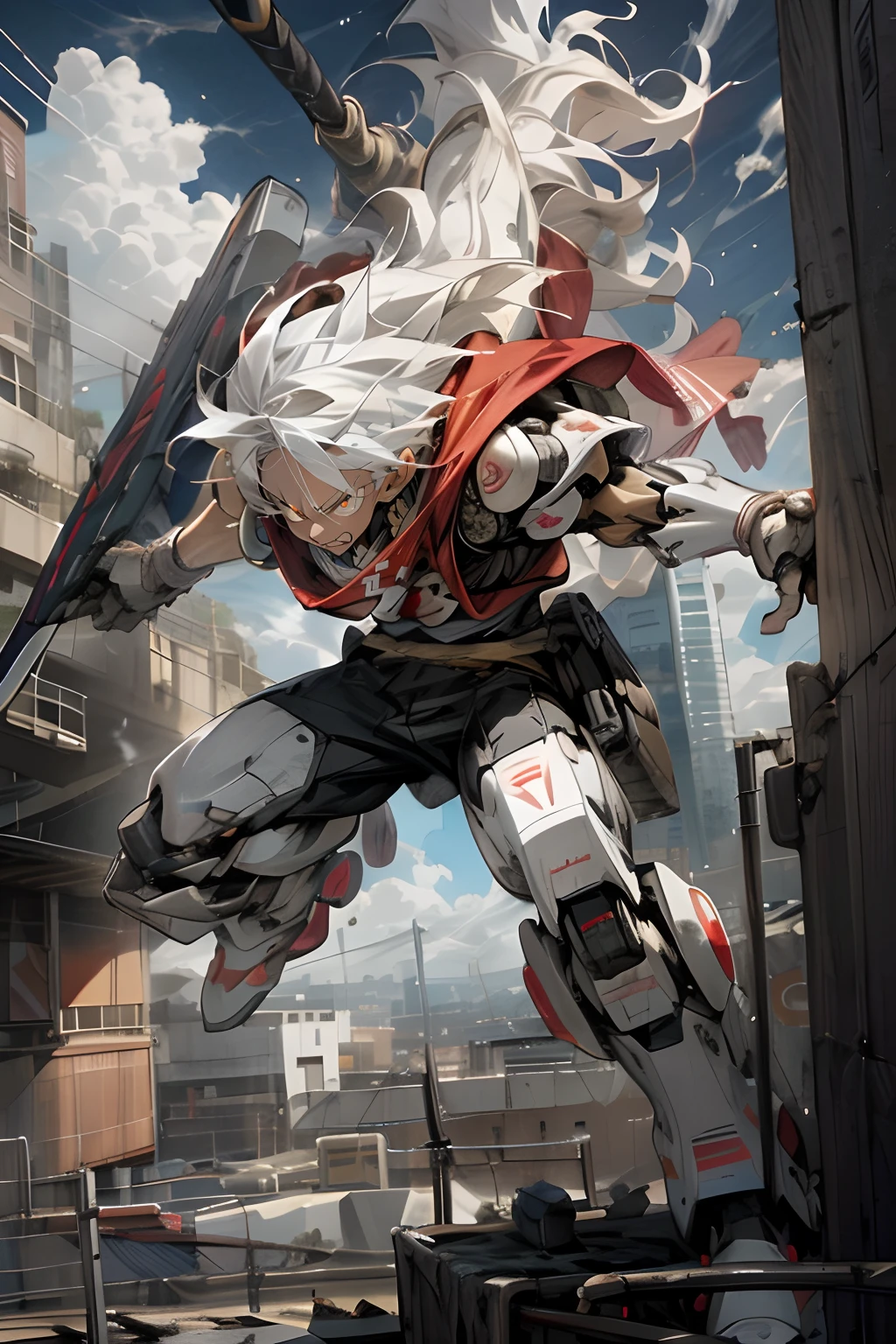 Solo character, full body version, man, very big muscle, yellow eyes, gray color hair, short Curly haircut, round eyes, topless, black cargo pants, white boots, white background, standing battle gesture, Large mechanical arm, robotic, Metallic, angry eyes, open mouth, angry, smoke effect, bazooka robot in hand, fire, field, electricity, lightning strikes, glowing eyes, very angry, detailed background, detailed clothing, detailed hair, detailed face, (dragon ball style art)