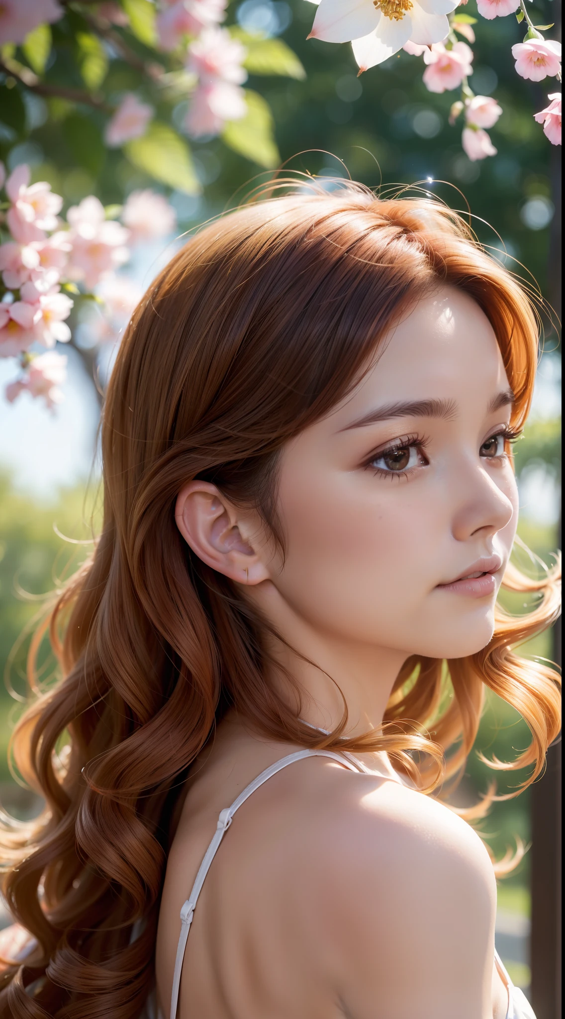 (Best quality,high resolution,Ultra-detailed:1.2),Beautiful golden to red gradient wavy curls fluttering in the breeze, Vibrant flowers in the background of the park, Close-up shot,