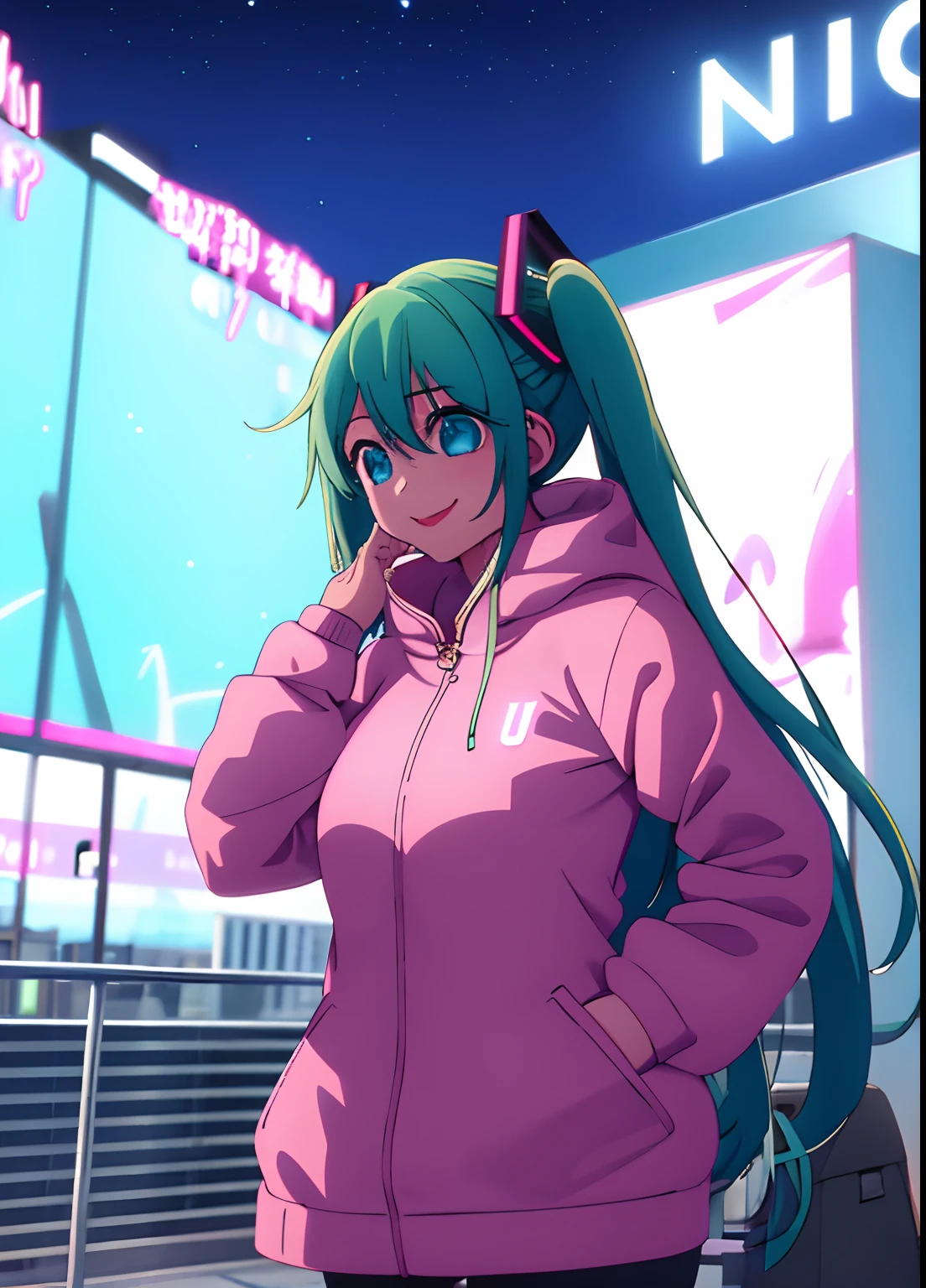 1girl,smile,cowboy shot, Wear a jacket,Big breasts Hatsune Miku,city neon light,looking at the stars