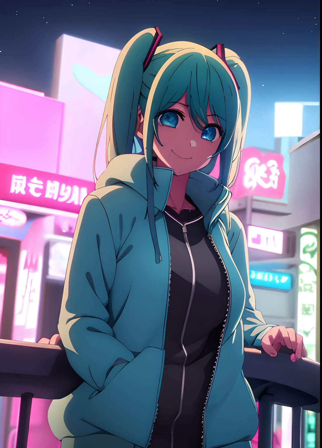 1girl,smile,cowboy shot, Wear a jacket，Big breasts Hatsune Miku，city neon light，looking at the stars