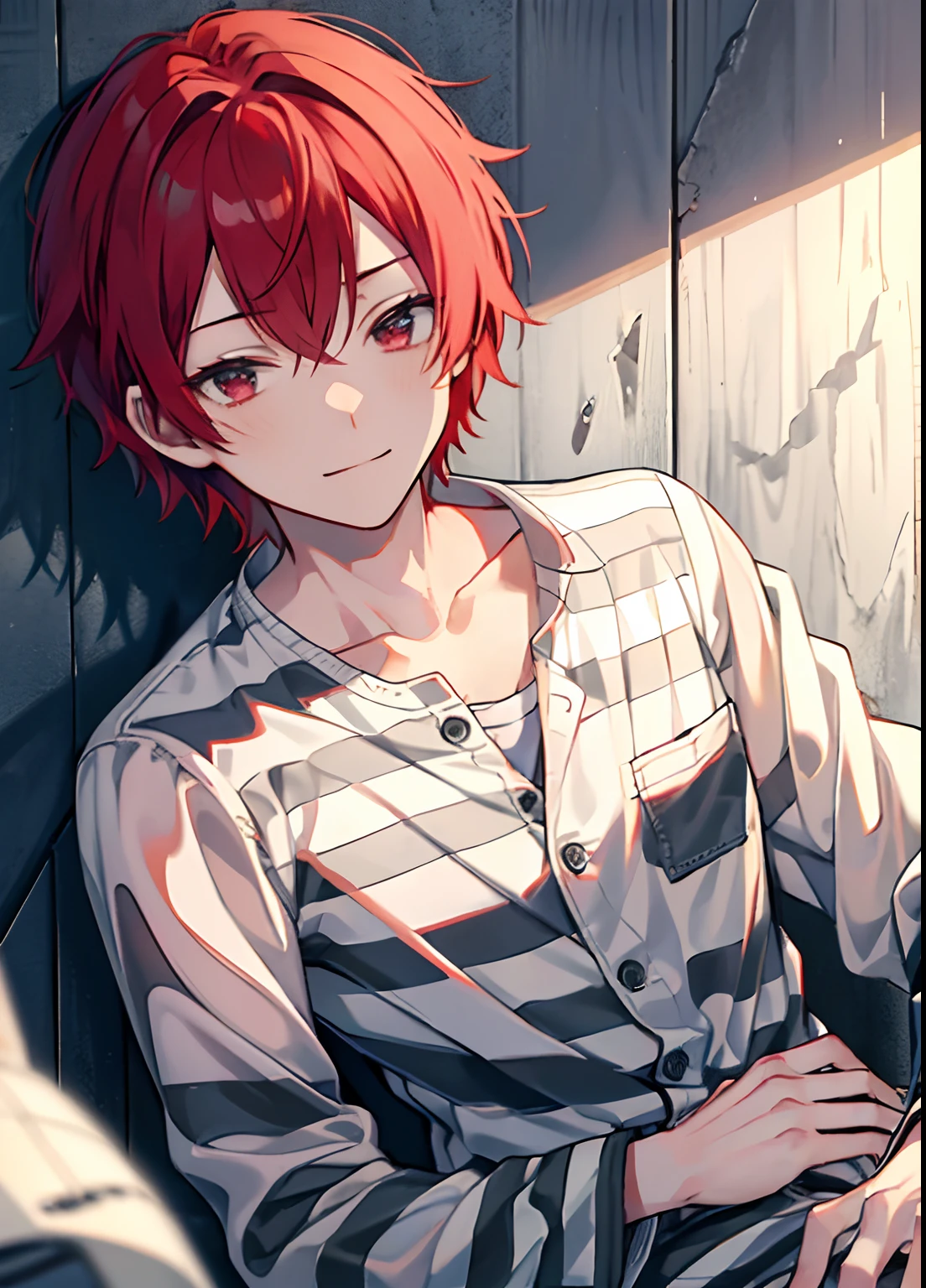 1boy, Handsome man,  Solo,Very short red hair, red hair, up looking_で_viewer, ((masutepiece,Best Quality)), Beautiful detailed eyes, beautifull detailed face、Sleepy face、sleepy expression、A slight smile, (((priclothes))), (((striped clothes))), shirt, outfit, (long sleeves), prisoner, clothes, clothing, black and white stripes, prison cell, young, buttons,