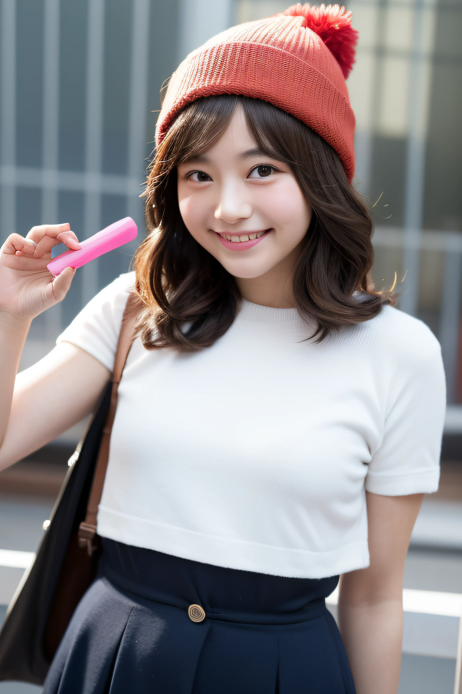 lifelike picture of an asian highschool girl, shoulder length brown wavy hair, fair skin, bit chubby cheek, standing in front of korean namsan tower, holding a popsicle, smiling, wearing a beanie, posing a v with her two fingers towards the camera, lifting one leg