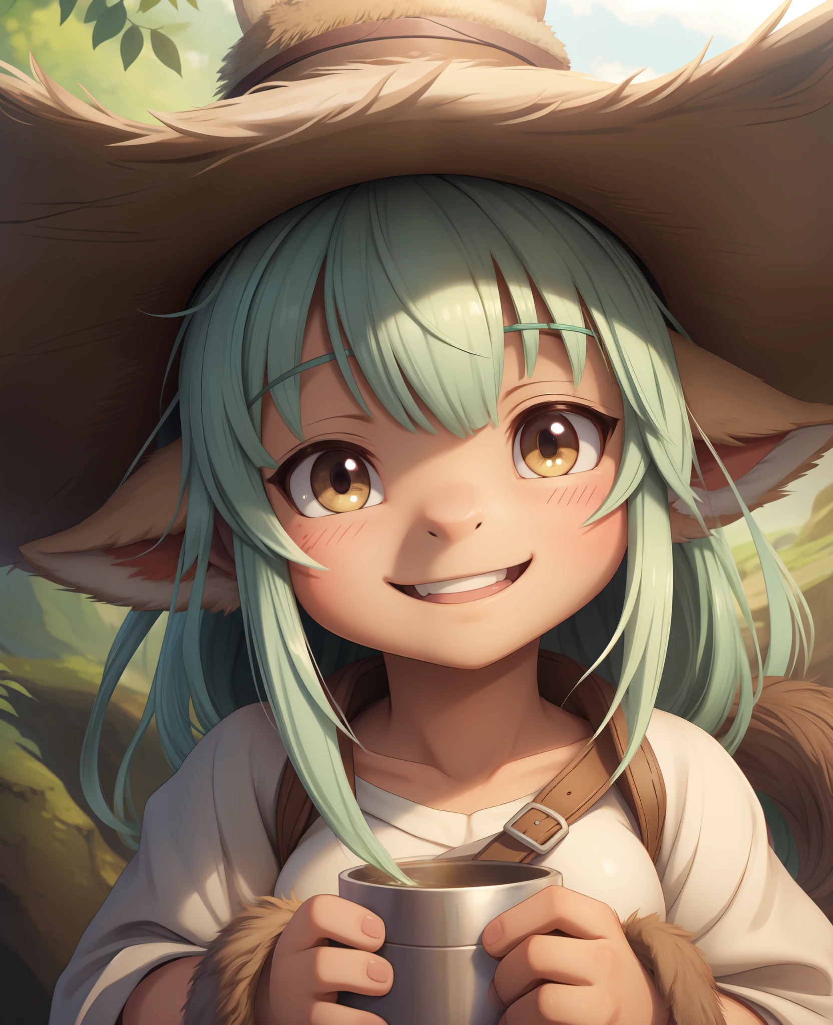 face focus, portrait, avatar, fluffy, :D, cute, 1girl, solo, furry, nanachi \(made in abyss\), nanachihat, looking at viewer, smile, manga