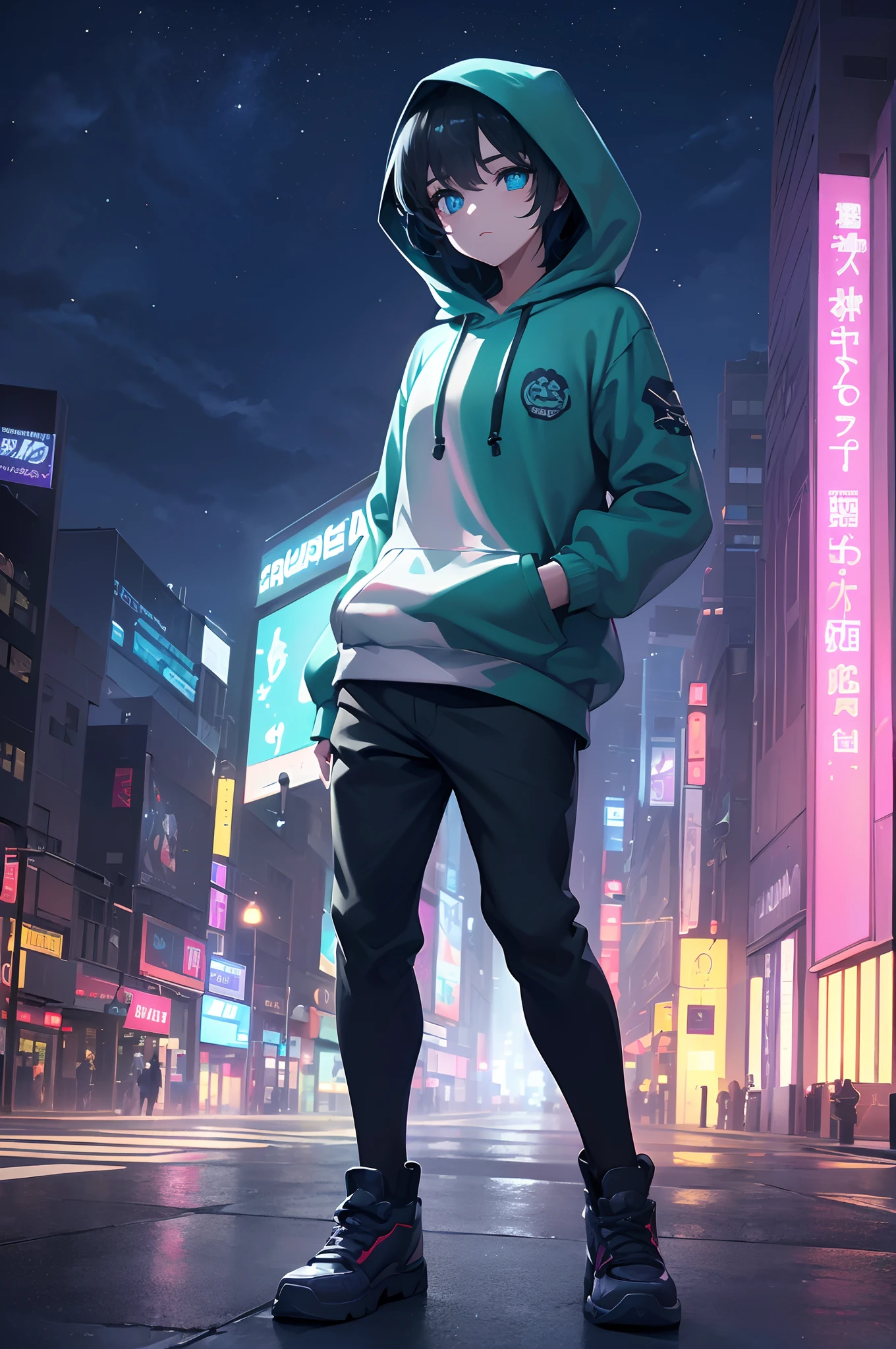 (Dynamic Angle:1.4), ((Full body posing:1.5), (Colorful:1.2), (Highly detailed CG Unity 16K wallpaper:1.1), (Denoising strength: 1.45), (tmasterpiece:1.37), ((Official art)), of the highest quality, (Realistic), Cyberboy,Deformed Character, (Short-cut hair:1.2),(Hooded clothing:1.5),Black hair,Glowing eyes,(blue eyess:1.2),((Poses in motion:0.9)),((Wearing a hood:1.3)),wires, (LED:1.3), (a hologram:1.2), futuristic city street, Neon light, Skyscrapers, (Night:1.2), (Rainbow Model:1.2), 8K resolution, (Anime style:1.3), Cinematic lighting, chromatic abberation, spark of light, Ray tracing, blending, ultra wide-angle, Hasselblad, (masutepiece), (masutepiece), ((Best Quality)), ((masutepiece)), nffsw
