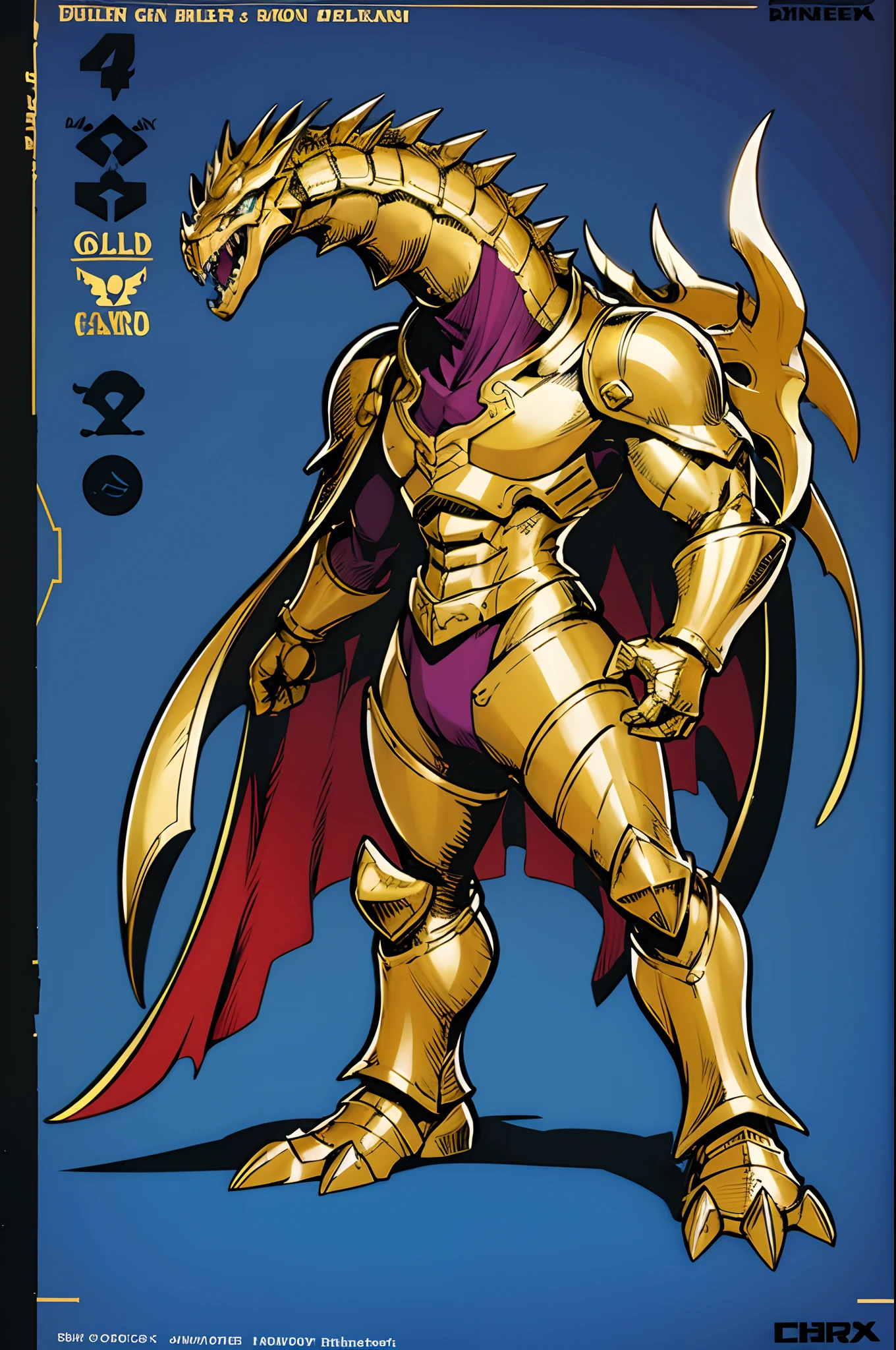 Purple dragon, huge biceps, gold armor , dressed like a knight, posing flirtatiously with his great sword 