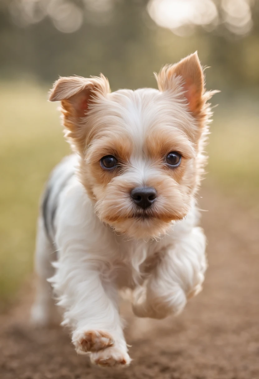 Cachorra biewer terrier brincando com uma crianca pequena
