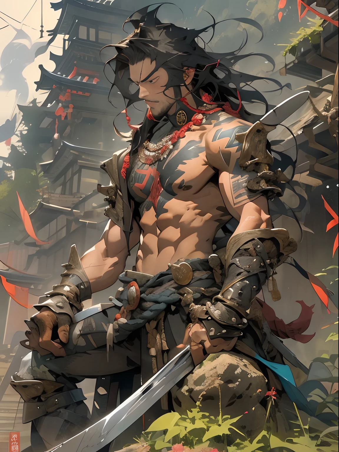 (((mtu))), (((best qualityer))), (((tmasterpiece))), (((AS-))), ((( Japanese ))), Look up from your knees, Handsome Asian samurai,perfect body figure, Modern samurai, ((( Asian))), Wear gloves on your hands,The left arm made of steel and metal tipade of protective devices, The eyes are pulled, (( Appears below the chest )), (( Small dental floss )), Simon Bisley, Almost naked(Simon Bisley)Castle City Wildernesor high-resolution posters, hair straight, Minimum clothing, armure (Crazy clotheull of tips and rivets, tribal tattooull bodyesbian))), Straight brunette hair,Colored hair ends