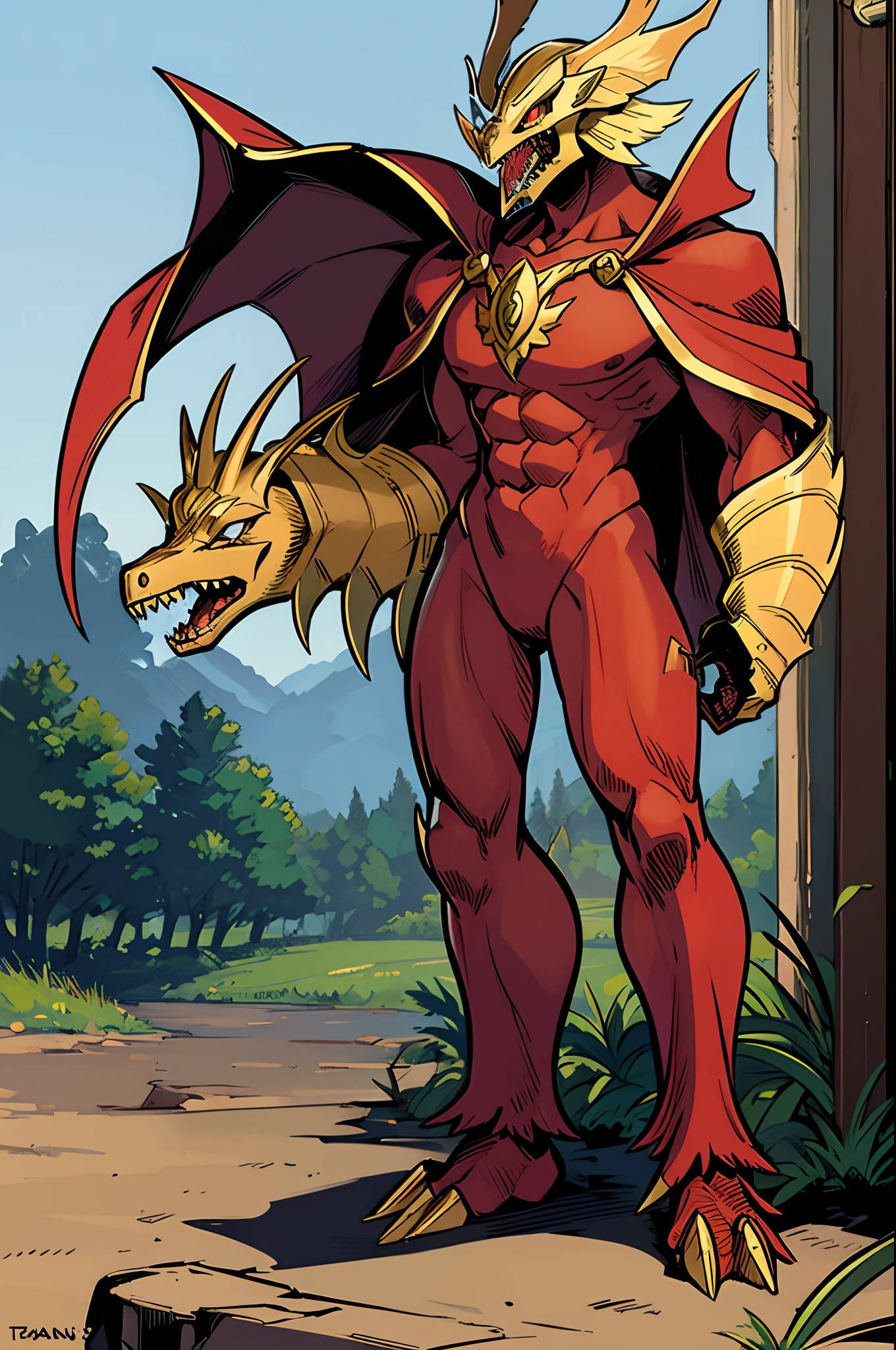gold elmsentai villain, t-rex, monster, metal hero, dinosaur, saurian, clothed, armored, anthro, cape, standing, solo focus