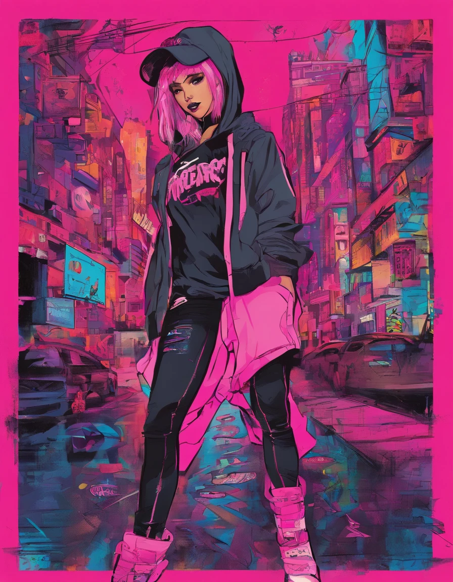 (best quality), big forhead, encarar a felicidade, use a foto em file:///C:/Users/joaov/OneDrive/Imagens/Galeria%20Samsung/DCIM/Camera/20230830_162756.jpg , conceito punk, em uma rua de grafite, from the back, dois cabelos tonificados(preto:1.3, neon pink:1.3), gorro com um logotipo de caveira, Hoodie Crop Top, Fuchsia-colored shorts and torn leggings