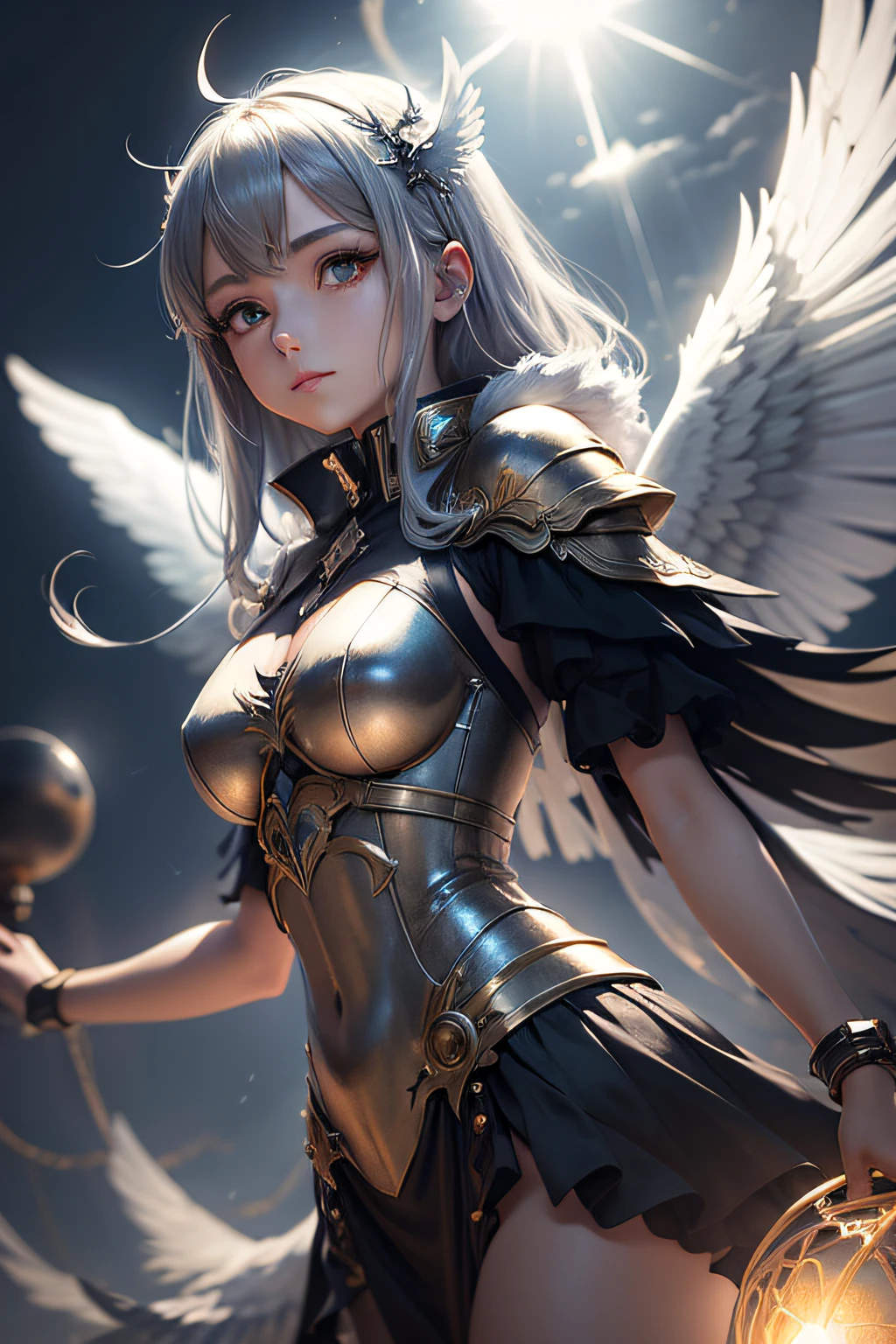 1girl, angel, angel_wings, armor, feathers_long, wing, feathers_hair, shoulder_armor, solo, upper_body, white_theme, white_wings, wings, best_quality, 4k, 8k, highres, masterpiece:1.2, ultra-detailed, realistic, photorealistic:1.37, HDR, UHD, studio_lighting, ultra-fine_painting, sharp_focus, physically-based_rendering, extreme_detail_description, professional, vivid_colors, bokeh, digital_painting, dramatic_lighting, intricate_details, cinematic_composition, fantasy_art