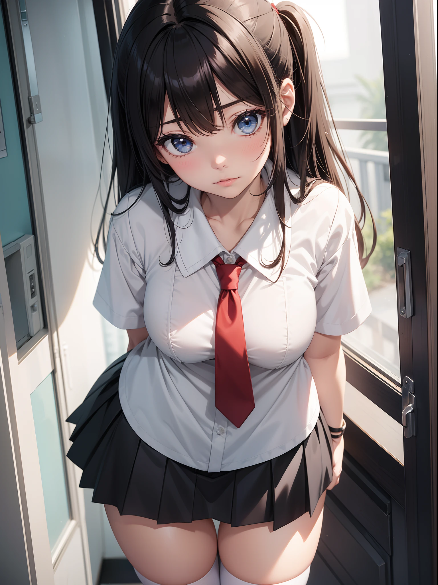 Top quality ultra-detailed CG art、Erotic、Very short miniskirt、high socks、White panty:1.2)、Black hair、big eye、Cold eyes、Mid summer、、red blush、Blue eyes、sexypose、Naughty Girls、Short stature、年轻、kawaii、World One、Mini skirt、Bet、White panty、A sexy、Angle from below、Summer Uniforms