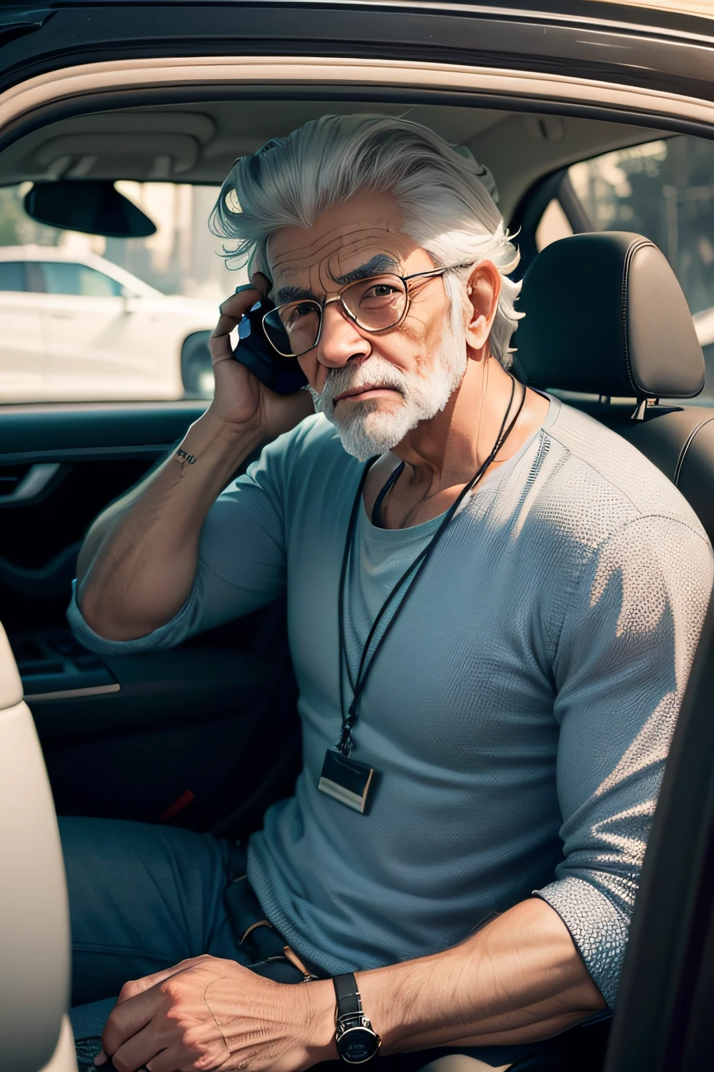 um homem velho, bonito e rico em frente a um carro de luxo