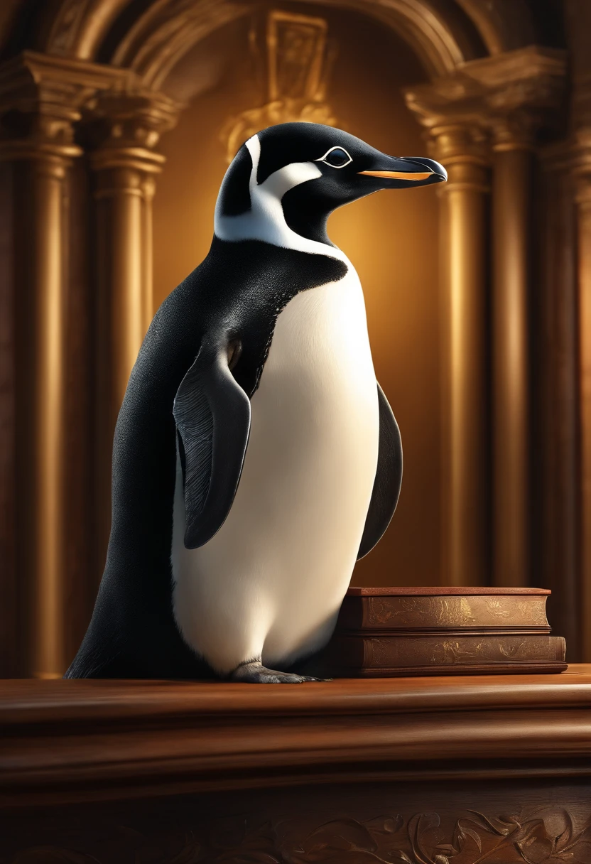 sacred penguin lawyer,illustration,divine courtroom,serious and wise penguin,adorable penguin wearing a lawyer's robe and glasses,elegant and majestic courtroom,impressive wooden judge's bench and podium,richly decorated walls and ceiling,large antique chandelier hanging from the ceiling,breathtaking stained glass windows,holy relics and symbols of law on the walls,dramatic lighting with soft golden glow,and vibrant colors with a touch of blue. (best quality,8k),ultra-detailed,(realistic:1.37),HDR,stunning portrait,lively scene.