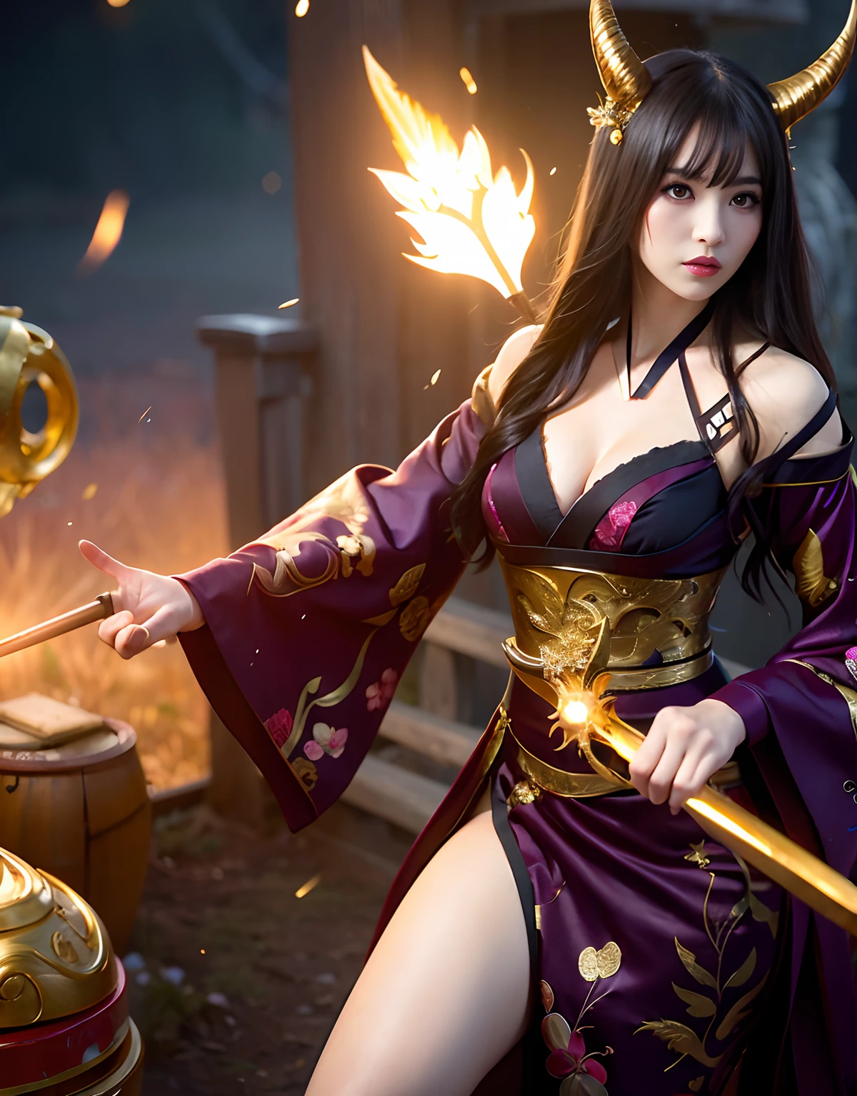 ((World of Darkness)),Professional , masterpiece、top-quality、photos realistic , depth of fields 、(ypose)、(Background of cherry blossoms in full bloom),(Ultimate Beauty)、A dark-haired、(Fight ninjas)、(Kimono with beautiful pattern)、(Night background)、((a dark night)),(Wear a beautiful kimono),(Wear a beautiful kimono with colorful floral patterns)、Jewel Gold Weapon、Particles of light),(Has a devil's mask)、Gorgeous gold weapons ,(( Gorgeous Dragon Sword)) , (a dark night),,(maikurobikini) 、((Black Haired Beautiful Girl))、(Castle background)、(demonic wings)、((Gangle's forest background))、Beautiful Caucasian beauty、1a person、dynamic ungle,(((Two devil's horns on the head)))、Smaller head、Idle Smile、Thin and beautiful female hands、Mystical expression、Light Effects、intense fighting、Wind-effect、magic circles、With the legendary magic wand、Dragon's tail、