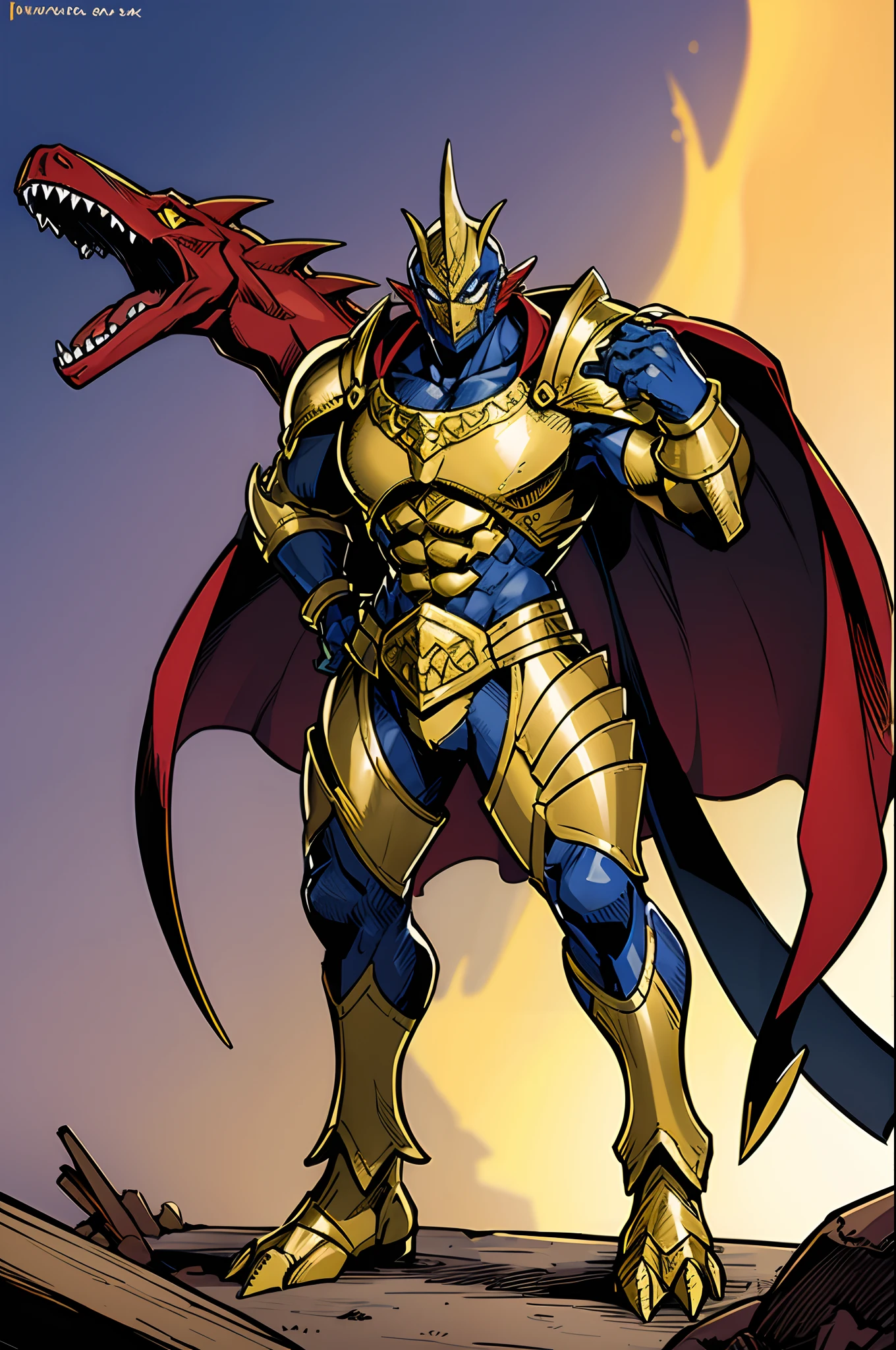 gold elmsentai villain, t-rex, monster, metal hero, dinosaur, saurian, clothed, armored, anthro, cape, standing, solo focus