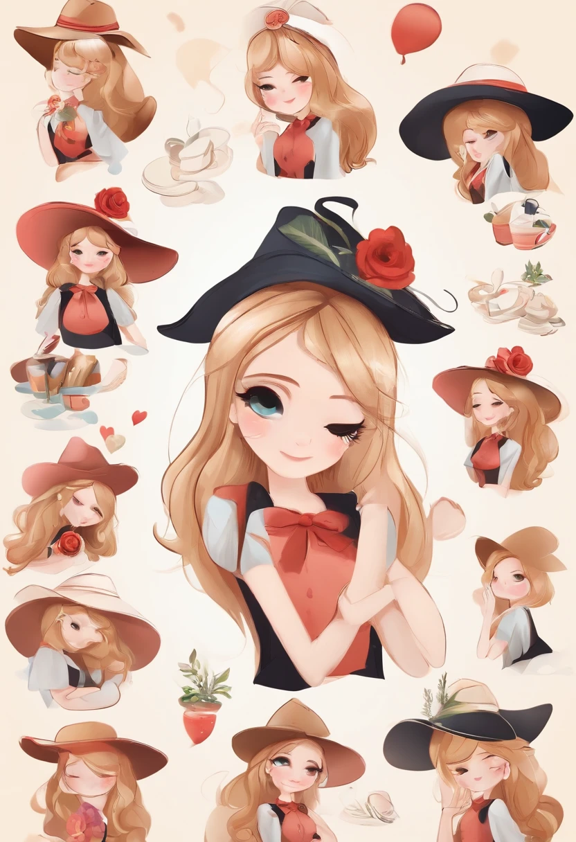 patterns:Sea Art 2.0,Models:ToonYou - JP,styled:emoji pack,Prompt words:1 cute girl in a hat,9 emoji packs,9 poses and expressions,Disney princess style,Cartoon-drawn,Black strokes,Different emotions,8K