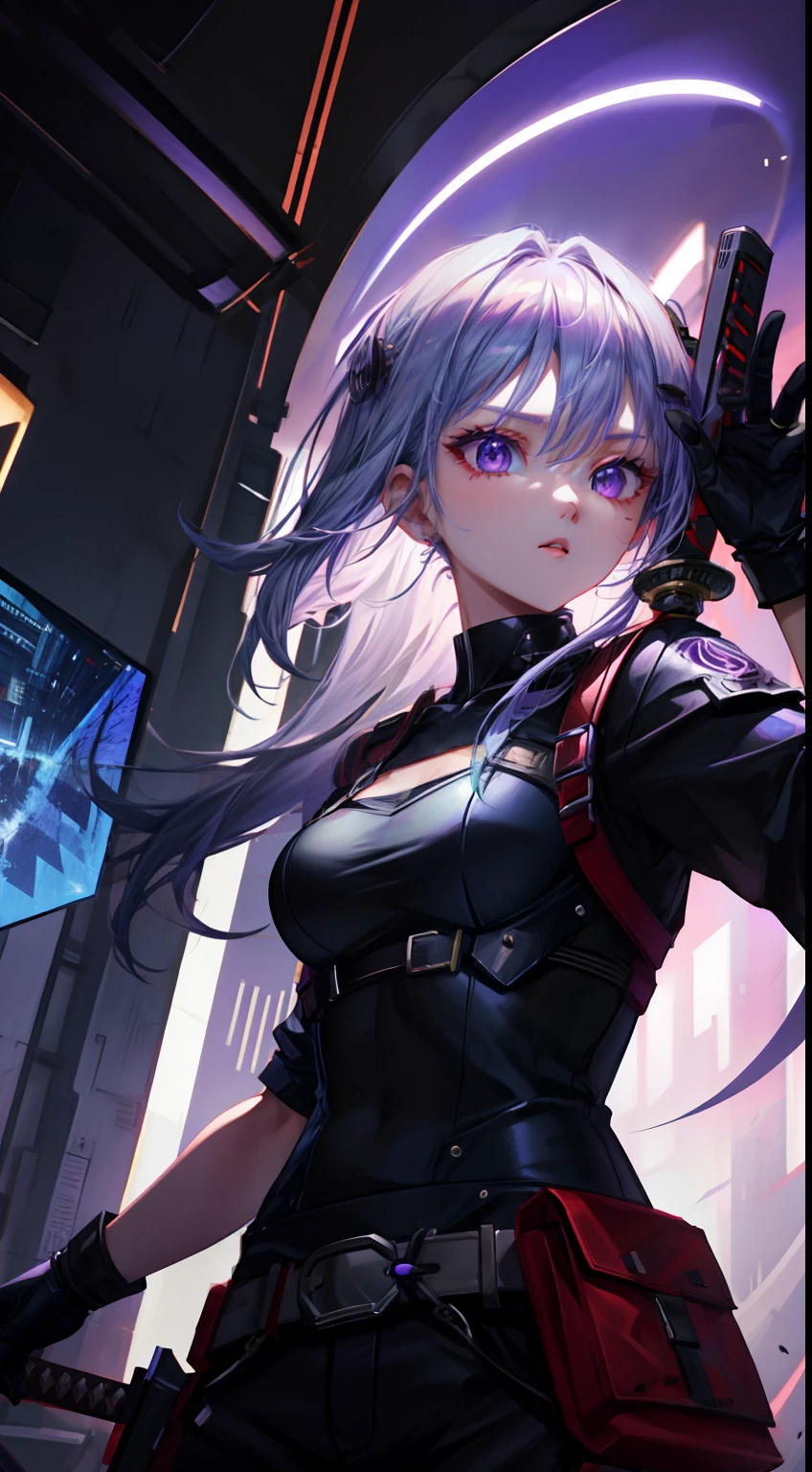 1 girl, upper body, single focus, superhuman warrior, Violet-inspired attire, deadly protector, (futuristic dystopia: 1.4), (guardian of the infected: 1.3), superhuman features, fierce aura, [depth of field, ambient lighting, dystopian cityscape foreground, high-tech battleground], Superhuman Warrior Violet, lethal guardian, dystopian savior, (katana blade), (resistance leader: 1.2), intricate details, enhanced lighting.