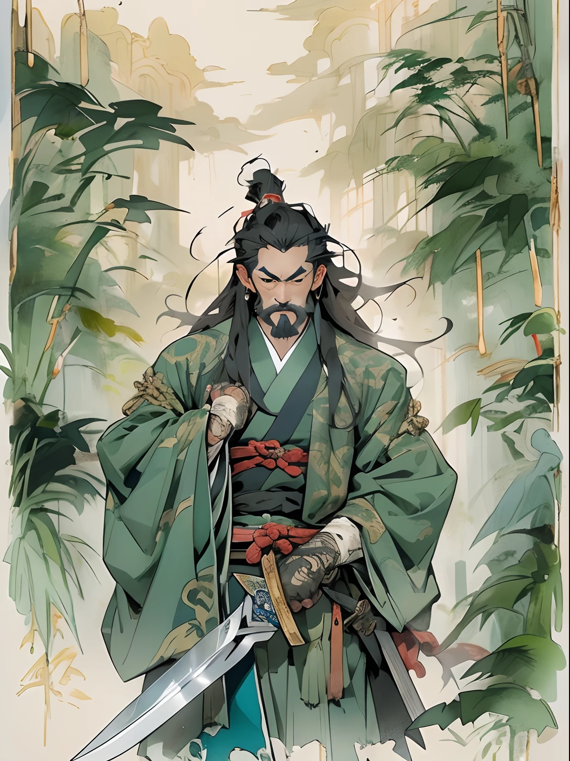 (((China-style,Ink painting method,Half-length portrait,Intense color,Han dynasty, China,Hanfu,Armor,Guan yu,Guan Yunchang,of a guy,Ruddy killing square face,Hold the Blue Dragon Moon Knife in his right hand,Stroke your beard with your left hand,Long hair,petty eyes,Green robe))), (((best qualityer))), (((tmasterpiece))), (((AS-Adult))), ((( Japanese ))), Look up from your knees, Handsome Asian samurai,perfect body figure, Modern samurai, ((( Asian))), Wear gloves on your hands,The left arm is made of steel and metal tips,Made of protective devices, The eyes are pulled, (( Appears below the chest )), (( Small dental floss )), Simon Bisley, Almost ?????(Simon Bisley)Castle City Wilderness,For high-resolution posters, hair straight, Minimum clothing, armure (Crazy clothes ), Full of tips and rivets, tribal tattoos, (((full bodyesbian))), Straight brunette hair,Colored hair ends