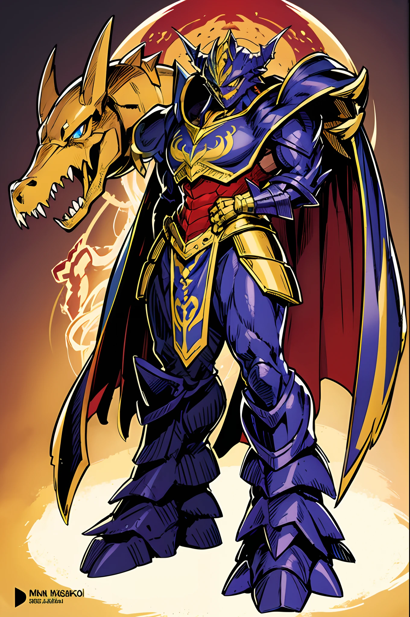 gold el,msentai villain, t-rex, monster, metal hero, dinosaur, saurian, clothed, armored, anthro, cape, standing, solo focus