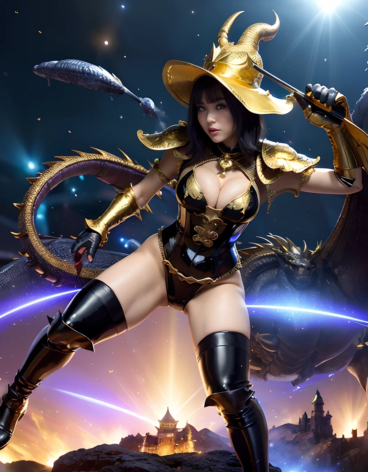 ((World of Darkness)),Professional , masterpiece、top-quality、photos realistic , depth of fields 、(((Fight dragons))),(Dragon Black Metal Body:1.9),(Latex Blue、(cleavage of the breast),(Fight dragons)、Full Body Angle、(((Particles of light))),(Micro Bikini Armor:1.7),Gorgeous gold weapons ,(Fight dragons)、Seductive look、The face of the dragon is out、(blood splattere、Armpit、((((With a magic wand))), ) , (((Wearing a black latex wizard hat))),(demonic wings) ,((a blond))、(Castle background)、((Gangle's forest background))、Beautiful Caucasian beauty、1a person、Armpit、dynamic ungle,(((Detailed Gold Dragon Wizard Hat)))、Smaller head、A smile、Castle background、Thin and beautiful female hands、cleavage of the breast、Soldier in iron armor on background、Mystical expression、Light Effects、intense fighting、Wind-effect、magic circles、With the legendary magic wand、Dragon's tail、explosions、Toostock、Toostock、(Beautuful Women),