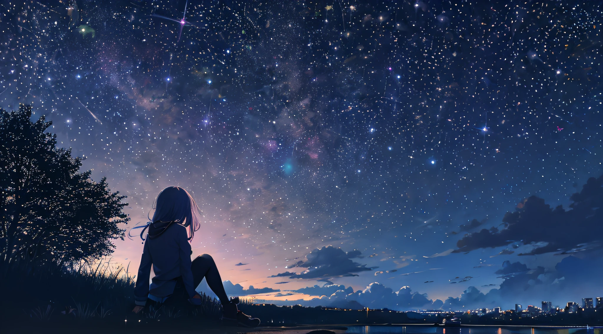 octans, sky, star (sky), scenery, starry sky, night, 1girl, night sky, solo, outdoors, building, cloud, milky way, sitting, tree, long hair, city, silhouette, cityscape