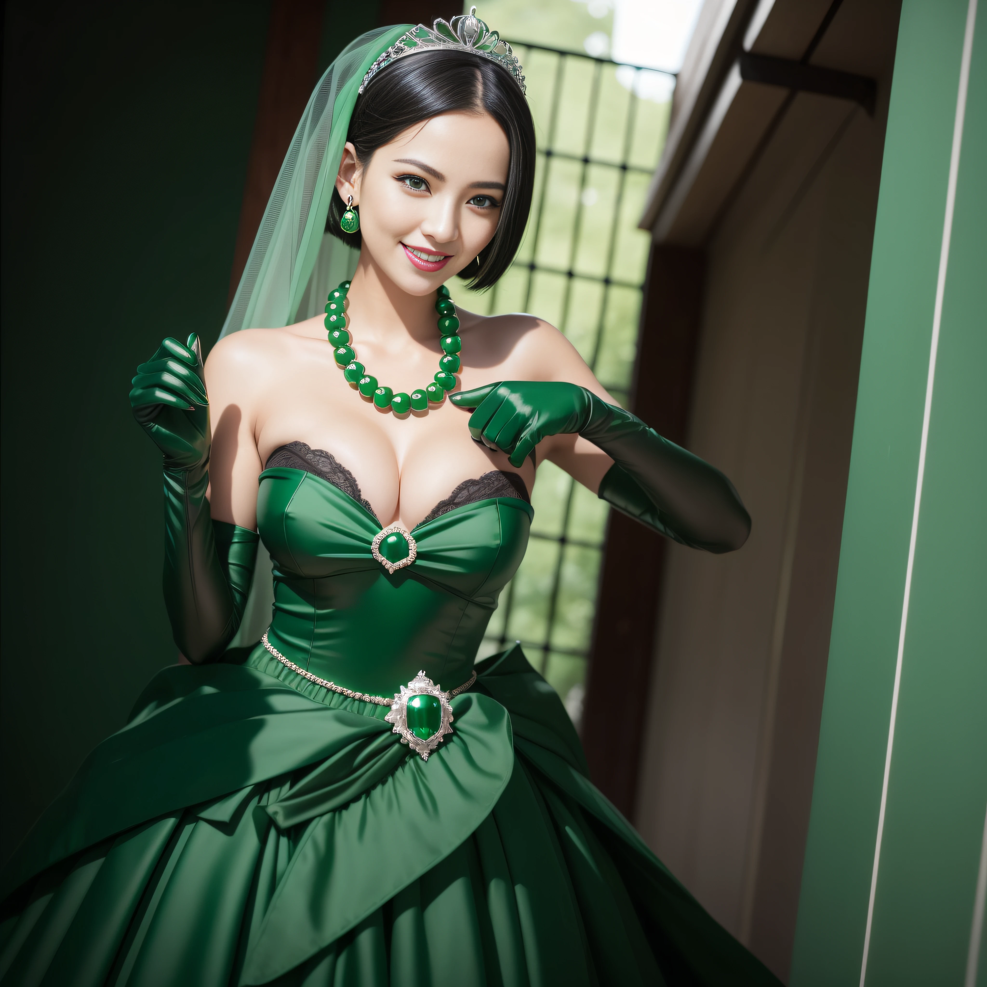 Boyish very short black hair, lipsticks, Japan woman smiling, Green Long Grove, Emerald Tia boyish very short black hair, lipsticks, Japan woman smiling, Satin green long gloves, Green Pearl Necklace, verd s eyes, Green eyes, Long green gloves made of satin material, big breasts beautiful, Green Bridal Veil, Green eyes, Emerald Earrings,emerald tiara, Green eyes