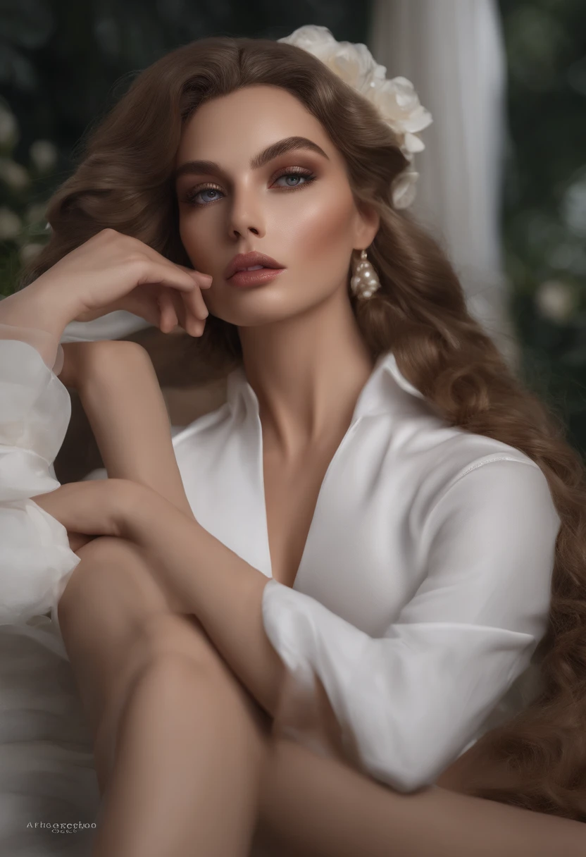Chef-d'oeuvre, Highest quality, (Solo Focus), (visage parfait:1.1), (High detail:1.1), (Hyper detailed eyes), dramatique, 1gars, (pale skinned), Cheveux longs et blancs, Ethereal eyes, (sourcils clairs), seulement, cheveux longs, JTiago Azevedo, lune, Nuit, Costume de luxe blanc, pouty lips, fourrure, Proud expression,plage, detailed background, Illustration par Artgerm, lighting cinematic, Roses, mode, BalenciagaStyle