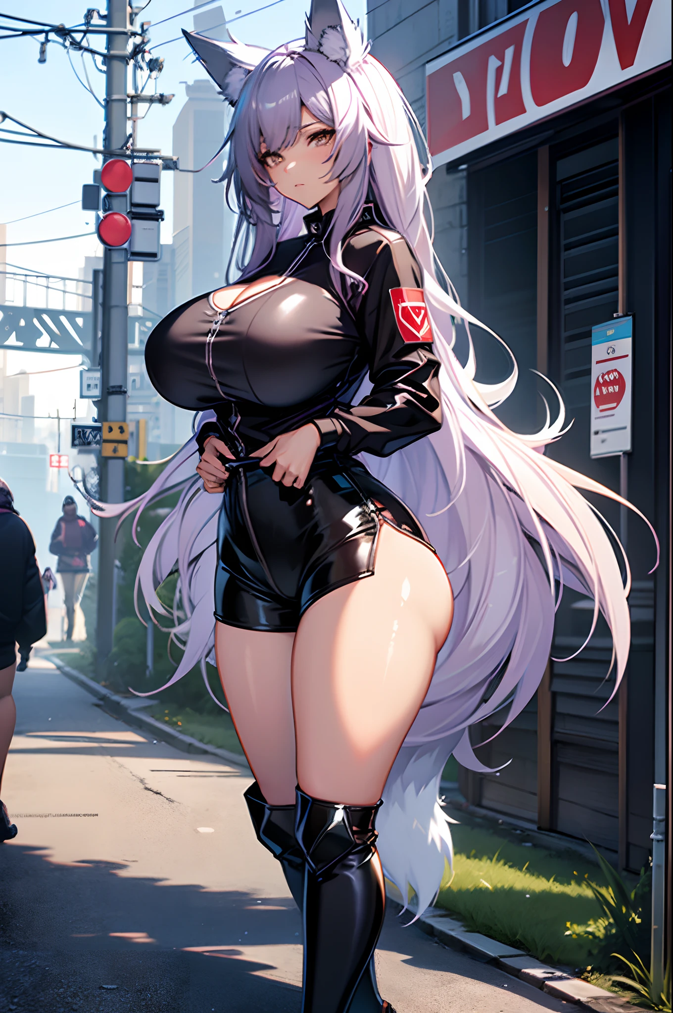 one woman, wolf girl, wolf ears, wolf tail, violet hair, strong, firm body, thick thighs, big breasts, muscular arms, casual clothes, sfw, sexy, full body, masterpiece, highly detailed, shiny clothes, latex shorts , tall women,