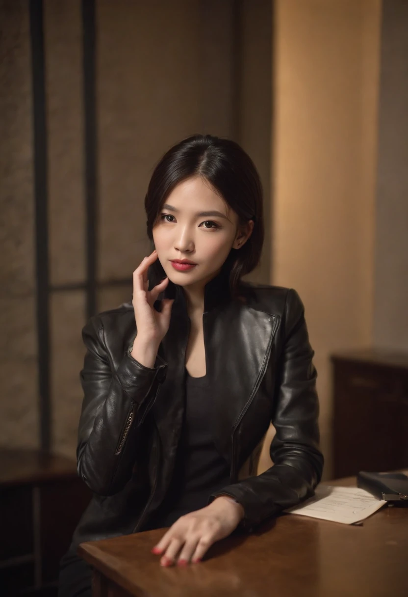 I'm wearing black leather gloves up to my fingertips in both hands and covering my upper body. Black leather double rider jacket. Slender necklace. A young and cute Japanese girl with beautiful black hair. Sitting on a black leather chair at the desk in the president's room at night. Pray.