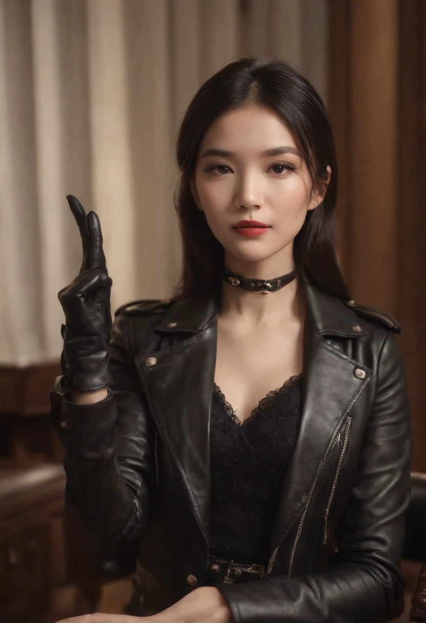 I'm wearing black leather gloves up to my fingertips in both hands and covering my upper body. Black leather double rider jacket. Slender necklace. A young and cute Japanese girl with beautiful black hair. Sitting on a black leather chair at the desk in the president's room at night. Pray.