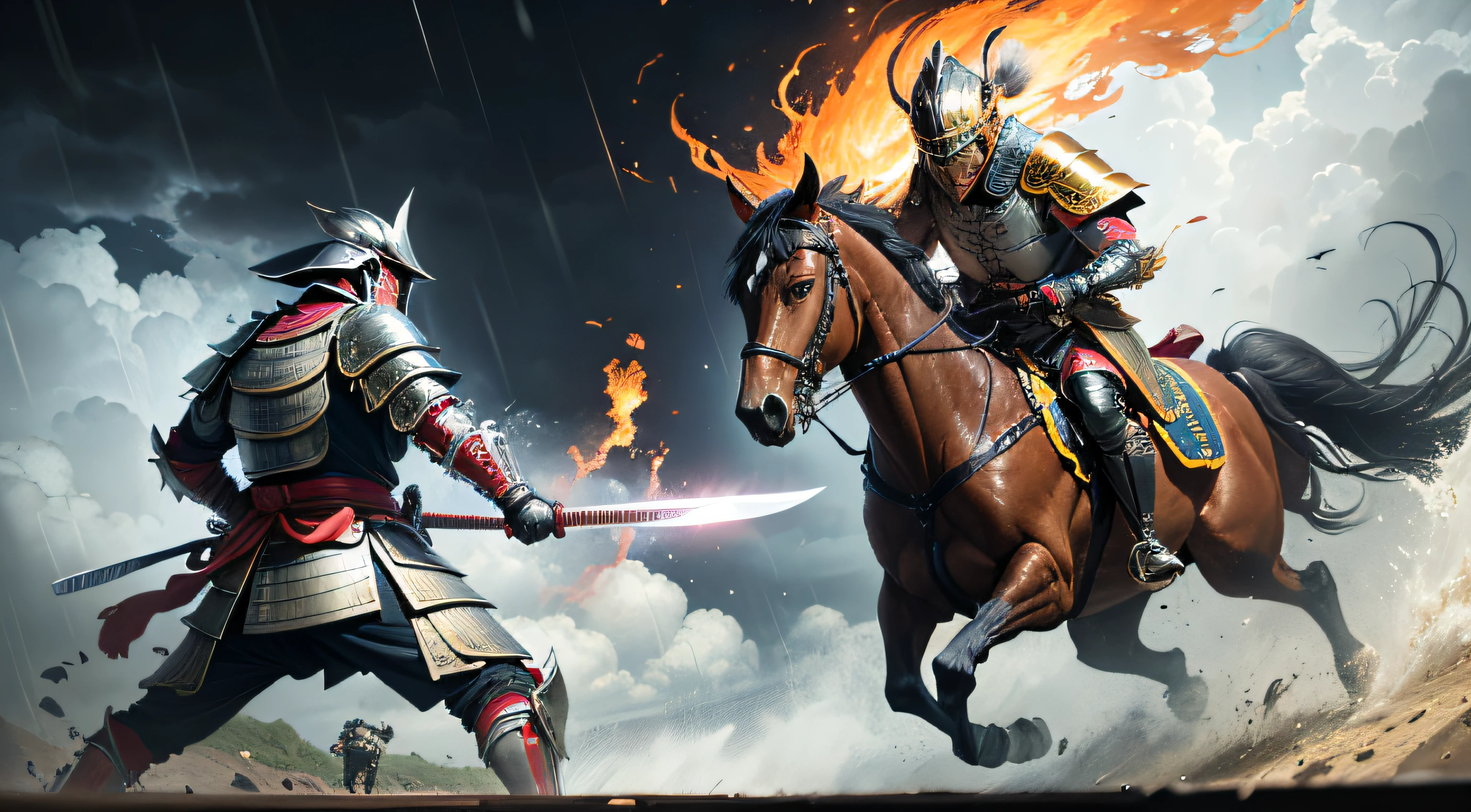 japanes, samurais, Battle of Okehazama, Japanese armor, very heavy rain, thunderbolt, fights, Oda Wood Melon, 年轻, knifes, overwhelm, fights, Man on horse