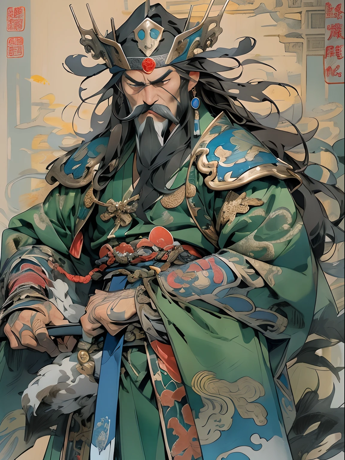 (((China-style,Ink painting method,Half-length portrait,Intense color,Han dynasty, China,Hanfu,Armor,Guan yu,Guan Yunchang,of a guy,Ruddy killing square face,Hold the Blue Dragon Moon Knife in his right hand,Stroke your beard with your left hand,Long hair,petty eyes,Green robe))), (((best qualityer))), (((tmasterpiece))), (((AS-Adult))), ((( Japanese ))), Look up from your knees, Handsome Asian samurai,perfect body figure, Modern samurai, ((( Asian))), Wear gloves on your hands,The left arm is made of steel and metal tips,Made of protective devices, The eyes are pulled, (( Appears below the chest )), (( Small dental floss )), Simon Bisley, Almost naked(Simon Bisley)Castle City Wilderness,For high-resolution posters, hair straight, Minimum clothing, armure (Crazy clothes ), Full of tips and rivets, tribal tattoos, (((full bodyesbian))), Straight brunette hair,Colored hair ends