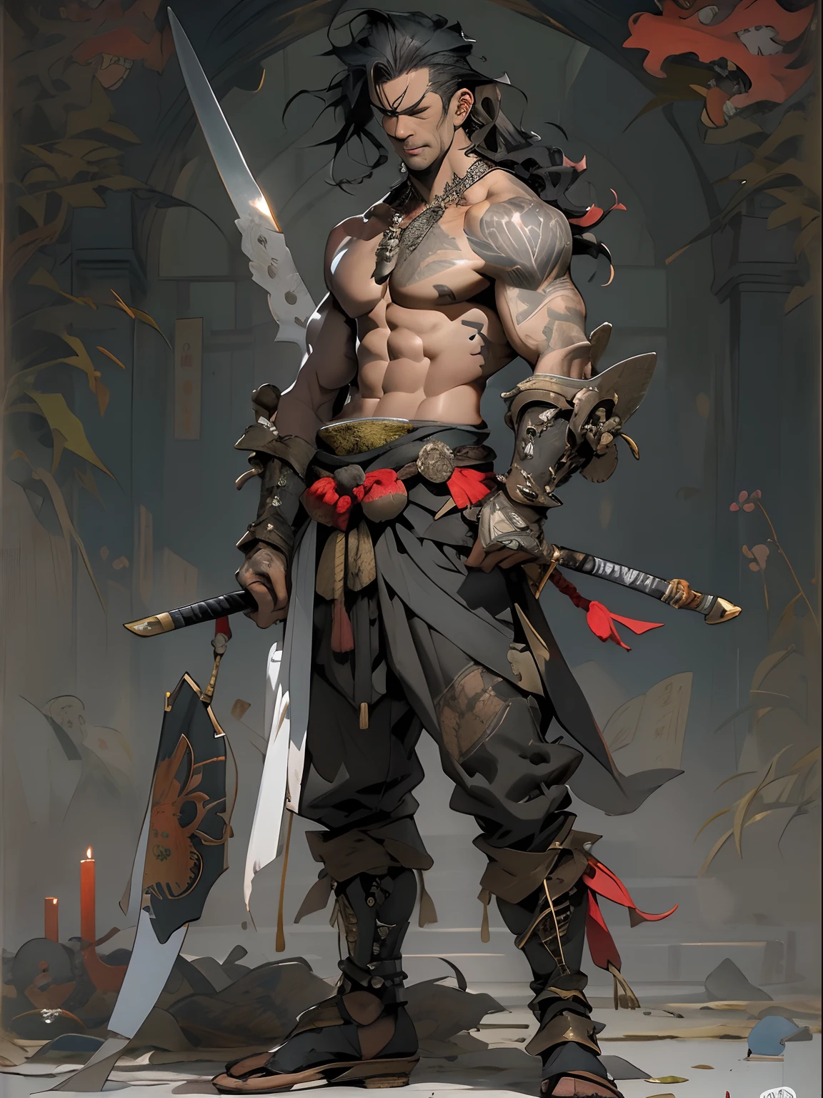 (((mtu))), (((best qualityer))), (((tmasterpiece))), (((AS-Adult))), ((( Japanese ))), Look up from your knees, Handsome Asian samurai,perfect body figure, Modern samurai, ((( Asian))), Wear gloves on your hands,The left arm is made of steel and metal tips,Made of protective devices, The eyes are pulled, (( Appears below the chest )), (( Small dental floss )), Simon Bisley, Almost naked(Simon Bisley)Castle City Wilderness,For high-resolution posters, hair straight, Minimum clothing, armure (Crazy clothes ), Full of tips and rivets, tribal tattoos, (((full bodyesbian))), Straight brunette hair,Colored hair ends