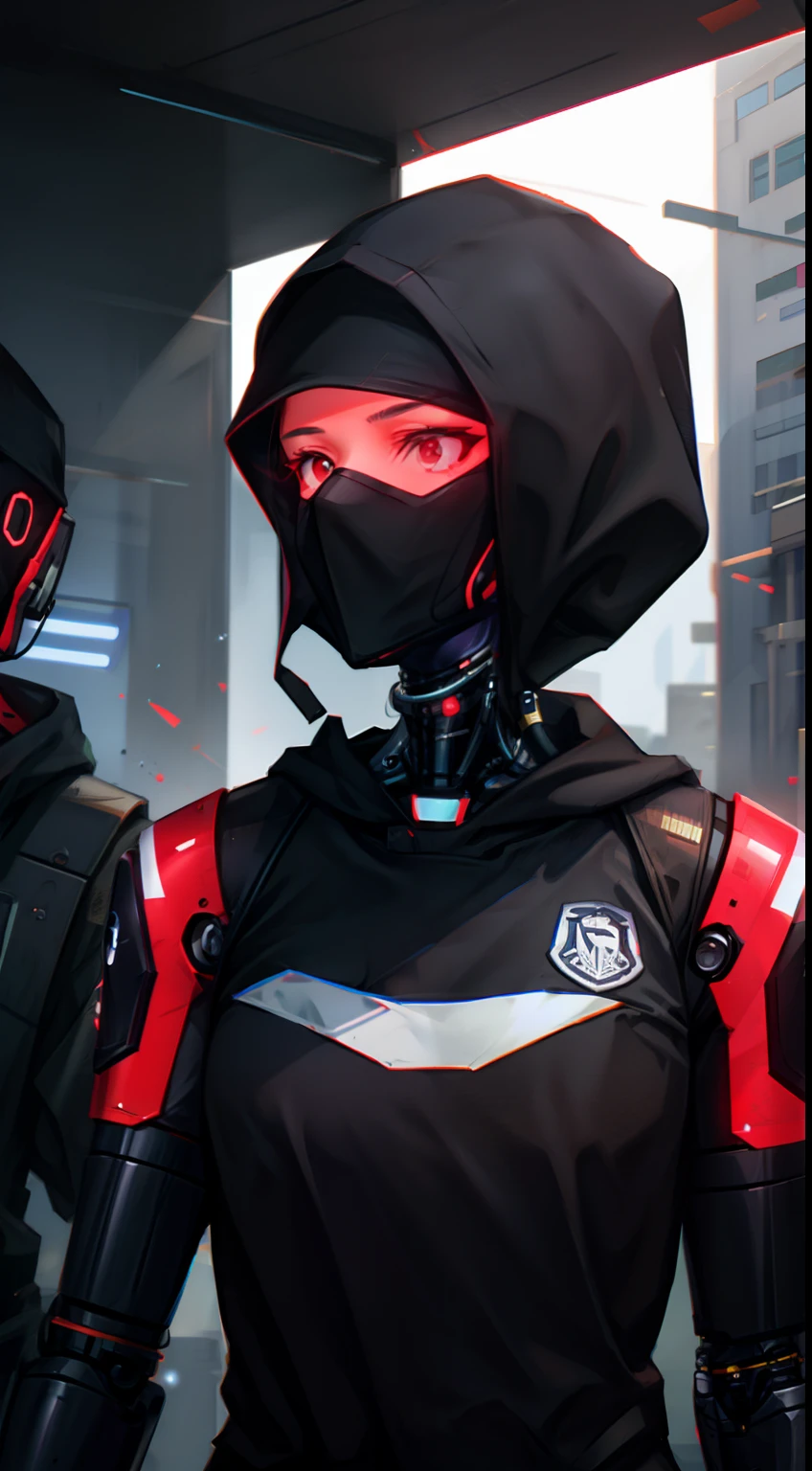 1 girl, upper body, single focus, enhanced assassin, Six-inspired attire, agile infiltrator, (cybernetic espionage: 1.4), (master of disguise: 1.3), assassin features, stealthy aura, [depth of field, ambient lighting, futuristic stealth mission foreground, high-tech infiltration], Enhanced Assassin Six, expert infiltrator, cybernetic spy, (disguise tech), (undercover missions: 1.2), intricate details, enhanced lighting.