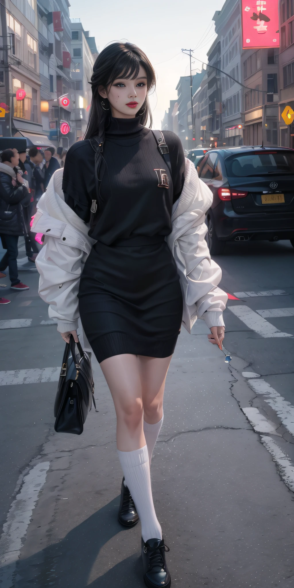 1girll, black_Skirt, Blue_Hair, Building, City, Cityscape, Hair_between_Eyes, Jacket, Looking_at_peeping at the viewer, mediating_Hair, Multicolored_Hair, multiple_Boys, Night, Off_Shoulder, Outdoors, pleated_Skirt, Road, shirt, Skirt, skyscraper, Smile, Solo_Focus, street, White_shirt