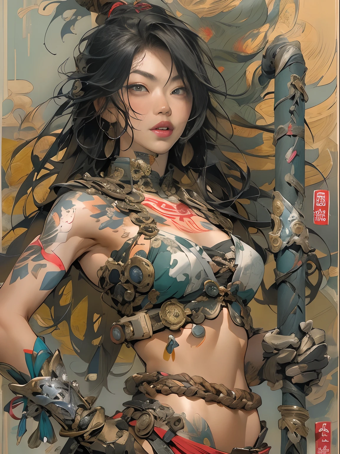 (((woman))), (((best qualityer))), (((tmasterpiece))), (((AS-Adult))), ((( Japanese ))), Look up from your knees, A beautiful asian samurai woman with perfect body, Modern samurai, ((( Asian))), Wear gloves on your hands,The left arm is made of steel and metal tips,Made of protective devices, The eyes are pulled, (( Appears below the breast )), (( Small dental floss )), Simon Bisley, Almost naked(Simon Bisley)Castle City Wilderness,For high-resolution posters, hair straight, Minimum clothing, armure (Crazy clothes ), Full of tips and rivets, tribal tattoos, (((full bodyesbian))), Straight brunette hair,Colored hair ends