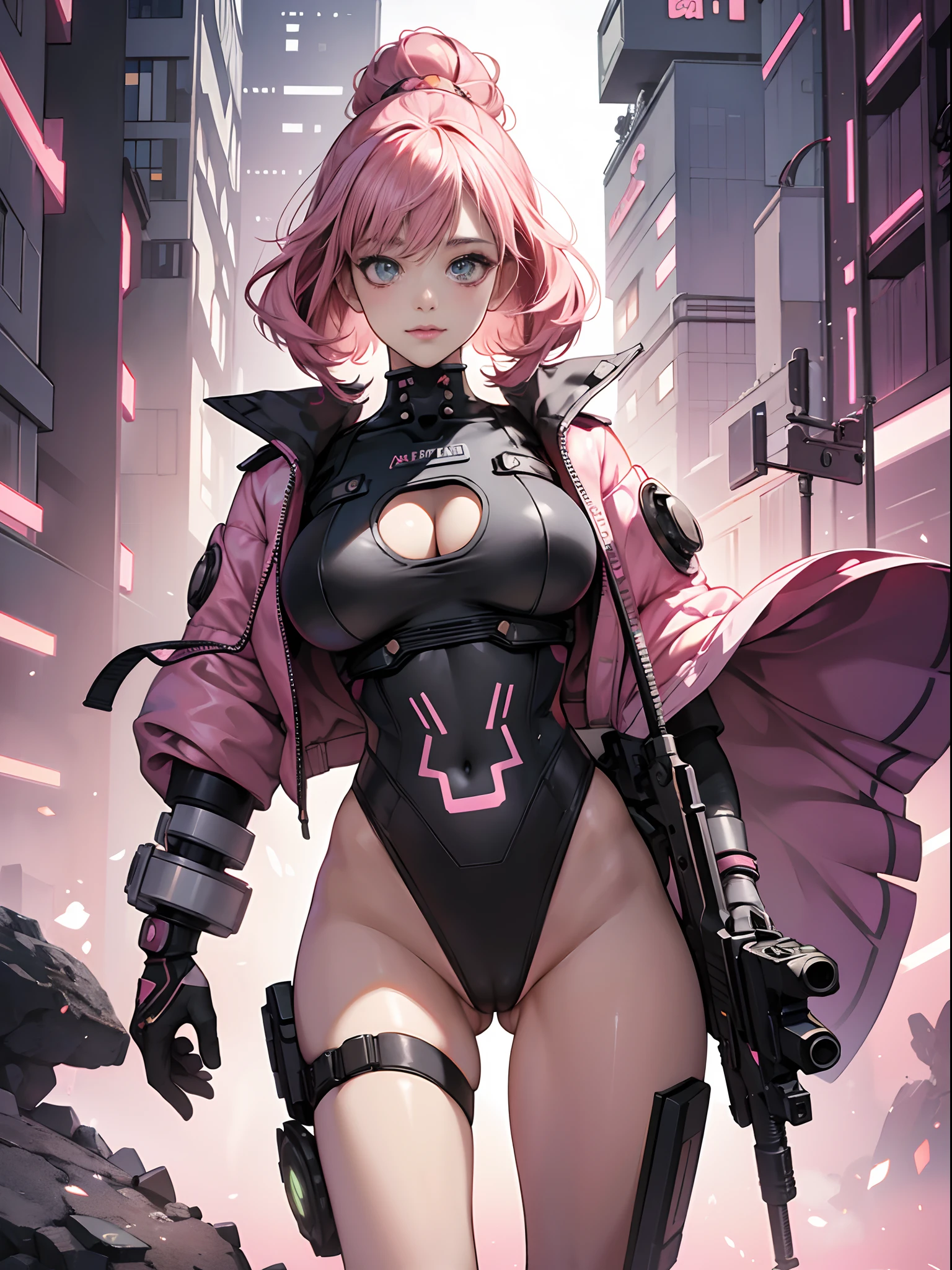 Nsfw,Natural hair style,a female cyborg,doujin,hentai,kawaii,stylish,pussy,busty,pink pubic hair,glamour,pink color tone,psychedelic costume,armored,A Cyberpunk dystopian girl,fantasic dystopia,dystopian scape,bladerunner,ghost in the shell,photorealistic,psychedelic colourful tone,posing,armed,guns,weapons,masterpiece,detailed,8k