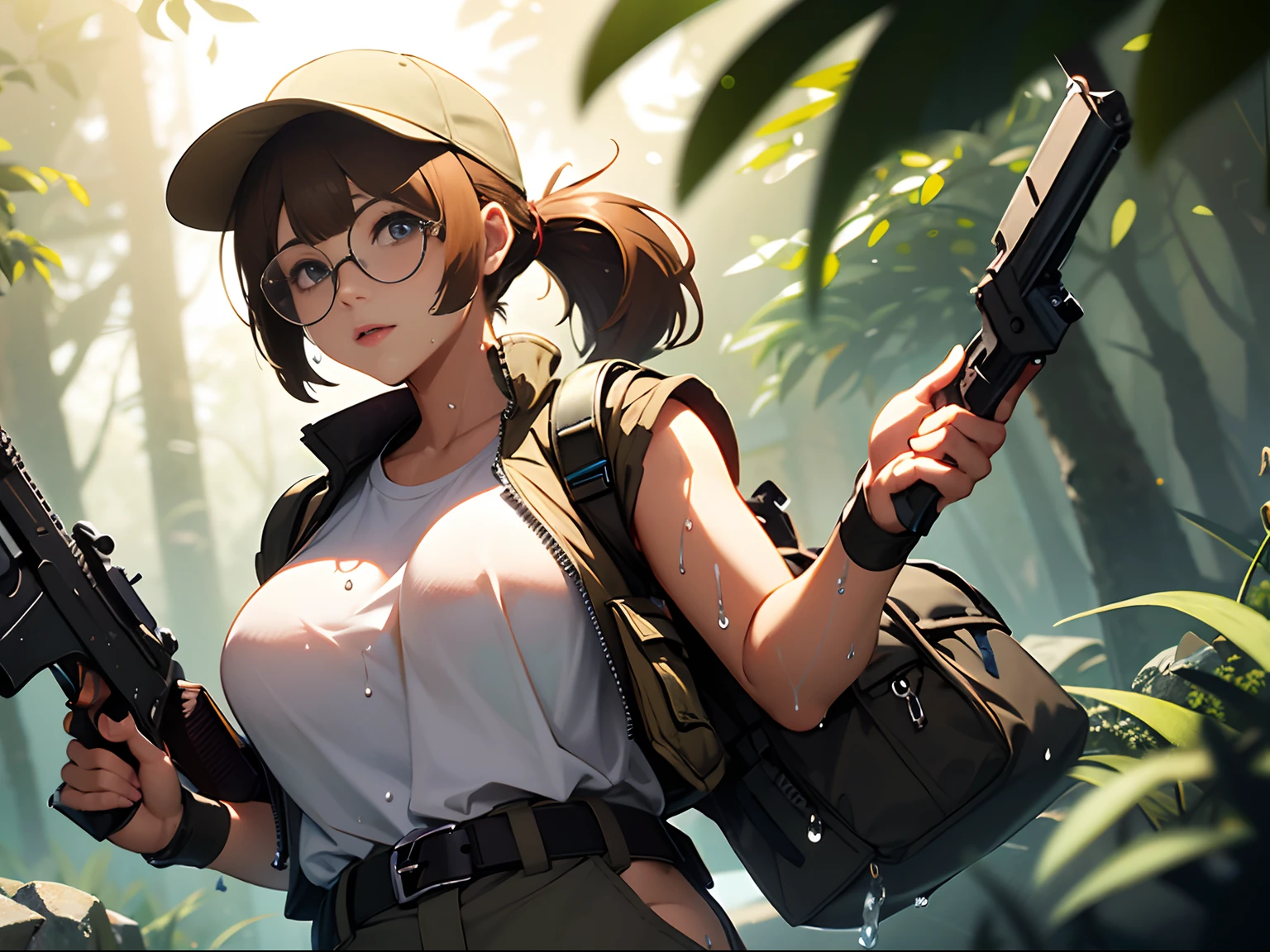 (Cinematic Digital Artwork: 1.3), High quality, masutepiece, of the highest quality, Super Detail, Illustration, [4K Digital Art]、(Moody lighting:1.2), depth of fields, Bokeh, 4K, nffsw. by Masterpiece, Best Quality, Lean-cheeked, Seductive face、 Realistic pores of the body, (The eyes are blue-gray: 0.8), soft volumetric lights, (Backlighting: 1.3), (Cinematic: 1.3), Intricate details, (art  stations: 1.3), portlate,(Skin glowing with reflection:1.1)、(((wet​)))、Black light illumination、Photon mapping、physically-based renderingt、Woman with round glasses, Light brown hair and ponytail hairstyle, Brown eyes, Please wear a khaki hat and khaki bulletproof vest, T-shirt with closed zipper, White shirt and khaki half cargo pants, backpack, Stand and relax、jungles、Fiobacterium (Metal slug)、medium large breasts、Constriction、Gun belt、(((Sprint while holding a huge firearm)))、(((run))), Ruins of a dense forest、gun fight