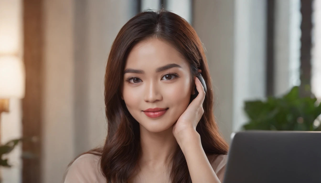 (best quality,highres,ultra-detailed,realistic:1.37),portrait of Filipina woman,working at her desk, smiling,using a laptop,looking directly at the camera,full body,beautiful detailed eyes,beautiful detailed lips,longeyelashes,professional,contemporary setting,modern office,stylish outfit,stunning makeup,confident expression,perfectly groomed hair,soft background lighting,vivid colors,sharp focus,inspiring atmosphere,camera 300 meters away,unzoomed