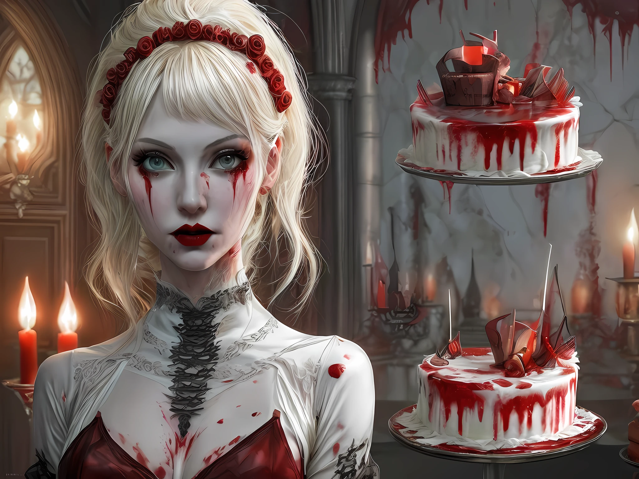 a  picture of extremely (beautiful (1) female vampire: 1.4) looking at (red MasterChef style cake: 1.5), an exquisite (1) beautiful vampire, full body, ultra feminineת (ultra detailed face: 1.2), blond hair, short hair, pale skin, red lips, blue eyes, (vampiric fangs: 1.2) wearing sexy white seductive latex dress, blood stains on the dress, looking at a red Bakeoff, award winning cake, 2 floors, decorated with red whipped cream, and artful stylish decorations, blood dripping from the cake, dark castle style kitchen background, dim candles light, dark fantasy art, gothic art, dynamic angle, best details, best quality, 16K, [ultra detailed], masterpiece, best quality, (ultra detailed), full body, ultra wide shot, photorealistic,