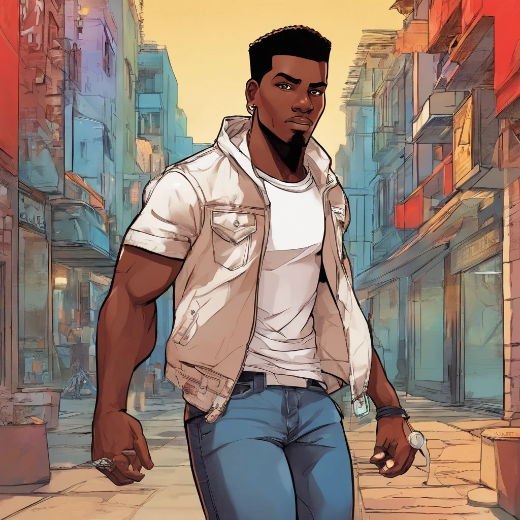 black skinned adult male, late 20s, street thug, A black ager, character, very tall, muscular, with short hair, brown eyes, solo, 1boy, he has a burn mark in the left side of his face. He is wearing a white tank top and unzipped jacket, his leg wear consists of blue jeans, dark sneakers and a silver necklace.(((black:1.5, red:1.1, white:1.3))) Semirealistic style, masterpiece, best quality, 8k, artstation, sharp focus, high details