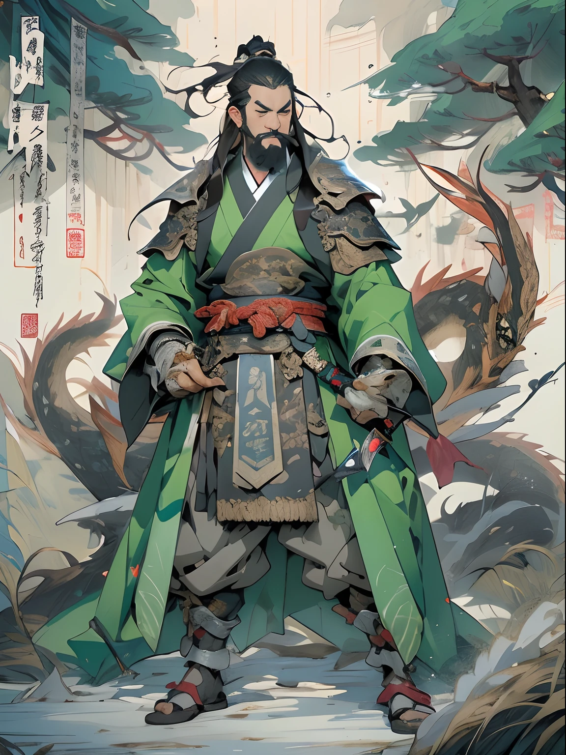 (((China-style,Ink painting method,Half-length portrait,Intense color,Han dynasty, China,Hanfu,Armor,Guan yu,Guan Yunchang,of a guy,Ruddy killing square face,Hold the Blue Dragon Moon Knife in his right hand,Stroke your beard with your left hand,Long hair,petty eyes,Green robe))), (((best qualityer))), (((tmasterpiece))), (((AS-Adult))), ((( Japanese ))), Look up from your knees, Handsome Asian samurai,perfect body figure, Modern samurai, ((( Asian))), Wear gloves on your hands,The left arm is made of steel and metal tips,Made of protective devices, The eyes are pulled, (( Appears below the chest )), (( Small dental floss )), Simon Bisley, Almost naked(Simon Bisley)Castle City Wilderness,For high-resolution posters, hair straight, Minimum clothing, armure (Crazy clothes ), Full of tips and rivets, tribal tattoos, (((full bodyesbian))), Straight brunette hair,Colored hair ends